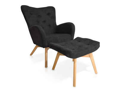 Moebel-Eins Sessel, BASKO Ohrensessel + Hocker, Material Stoff, Anthrazit