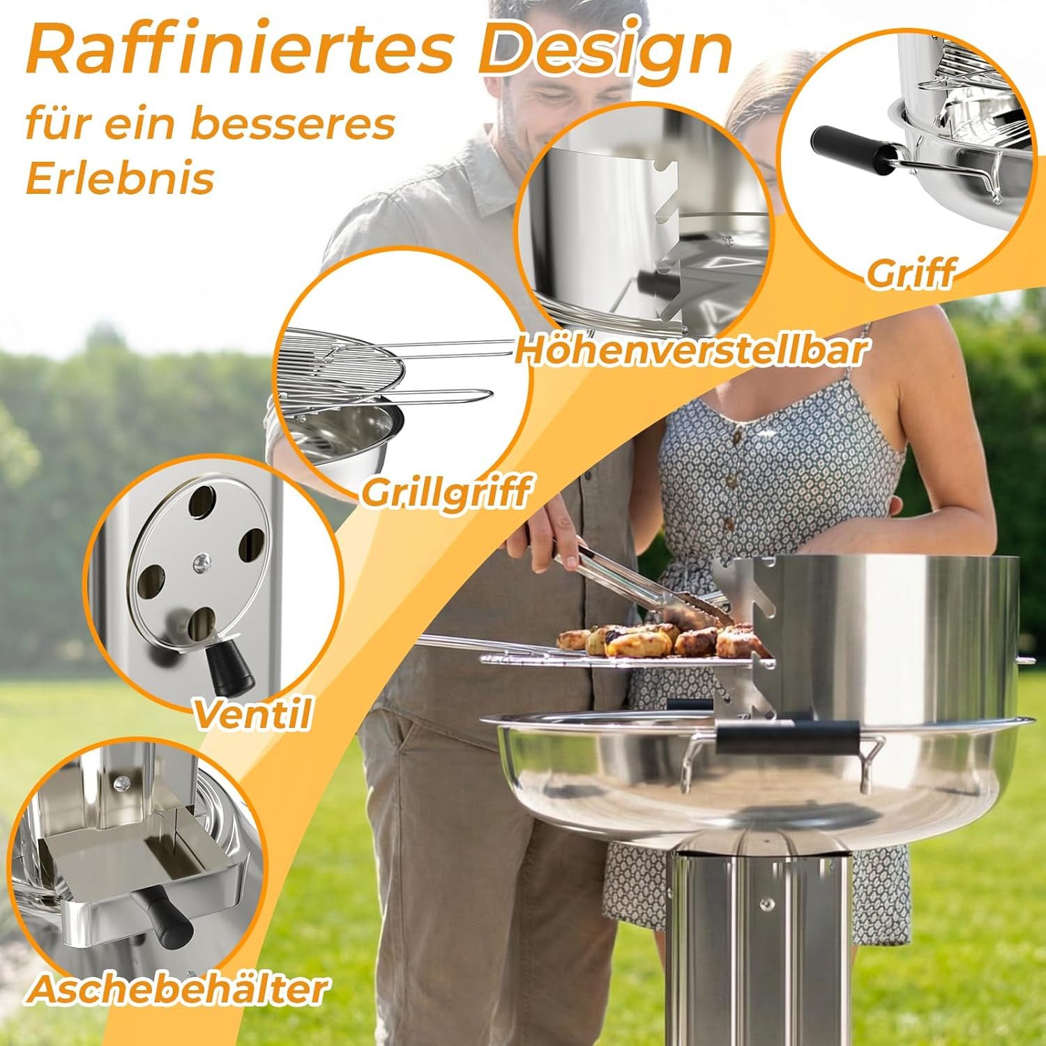 TLGREEN Holzkohlegrill Wetterfester Edelstahl 58*42*85cm, Säulengrill mit 4-fach höhenverstellbarem Grillrost, Aschekasten & Belüftung, Tragbarer BBQ Grill für Outdoor Camping Garten Balkon