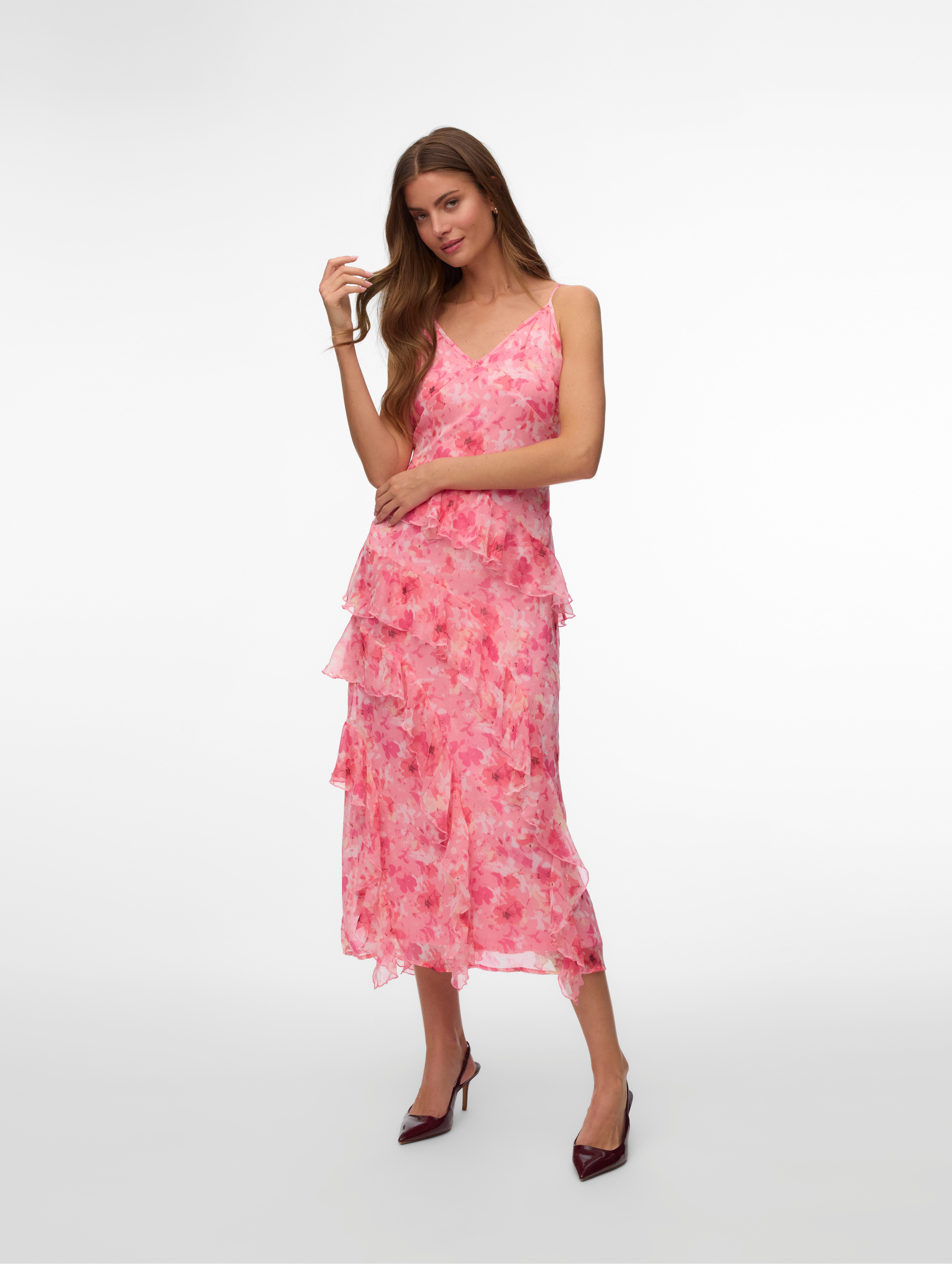Vero Moda Trägerkleid VMSMILLA S/L V-NECK LONG FRILL DRESS WVN Kunstfaser