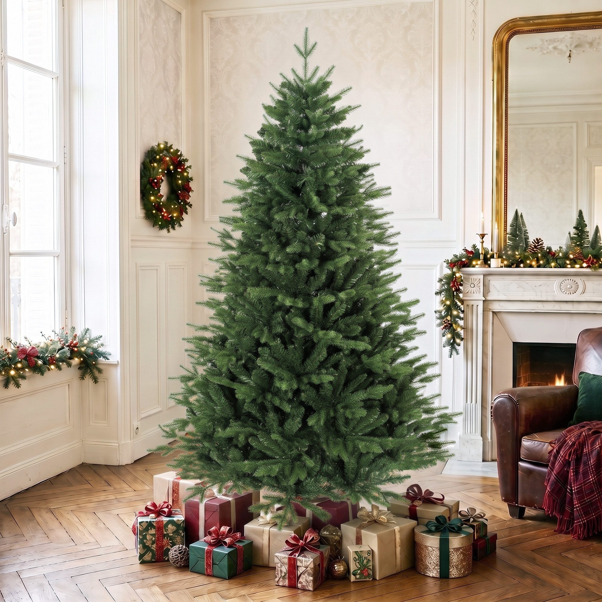 HOMCOM Künstlicher Weihnachtsbaum Weihnachtsbaum 180 cm mit realistischen PE/PVC-Zweigspitzen, Nordmanntanne, Klappsystem, Kiefernholzständer, 889 Spitzen