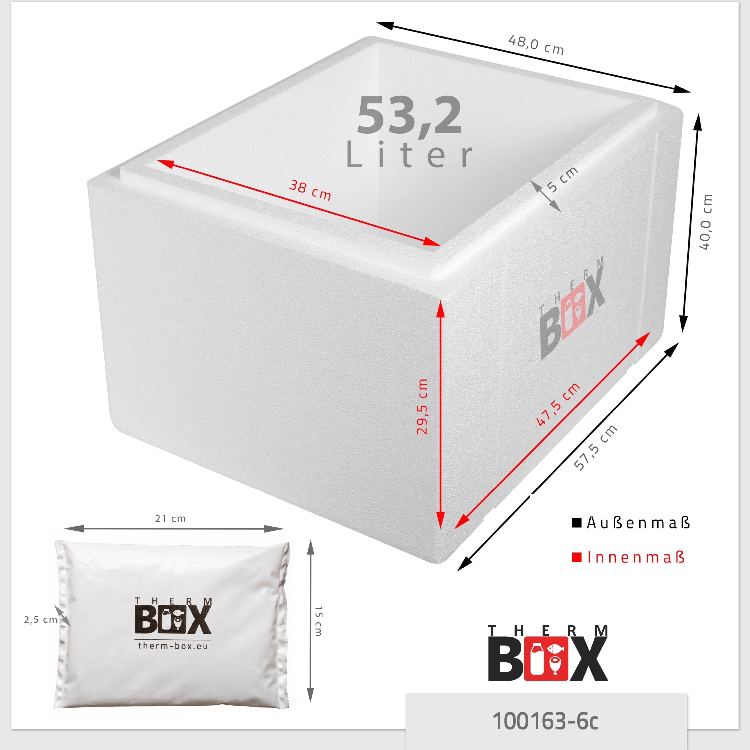 Kühlbox 6 (0-tlg., Innen: 53,24L Thermbehälter Styroporbox Kühlkissen, mit Thermobehälter Kühlkissen), Transportbox 47x38x29cm Thermbox Styropor-Verdichtet, Kühlakku THERM-BOX mit 53W