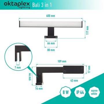 Oktaplex lighting LED Spiegelleuchte Bali 40cm IP44, Wand-, Klemm- und Aufbauleuchte, LED fest verbaut, warmweiß 3000K, 3 in 1 Spiegellampe Badezimmer Spiegelleuchte LED schwarz