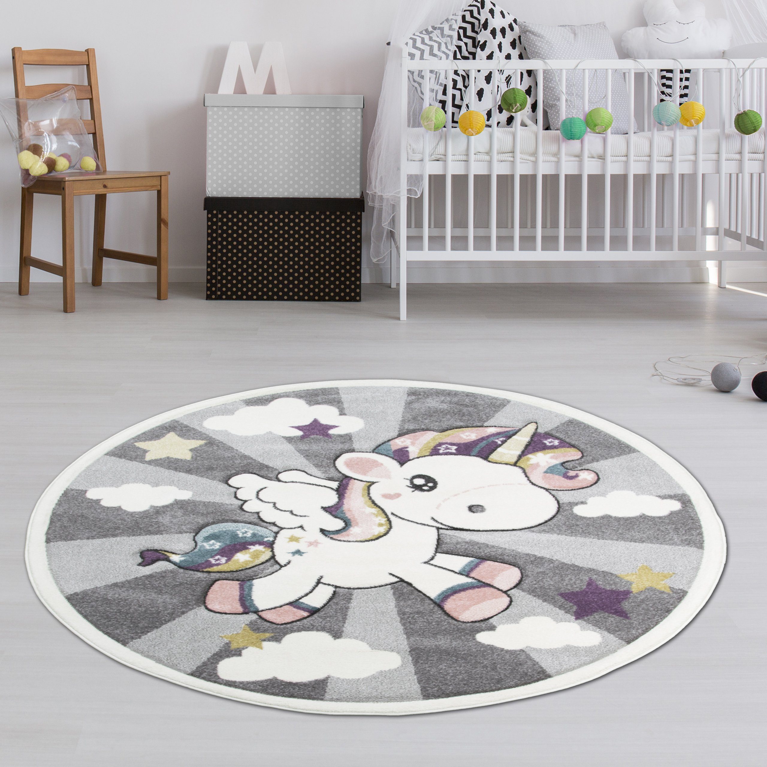 TeppichHome24 Kinderteppich Kinderteppich mit Einhorn Regenbogen günstig online kaufen