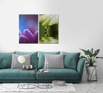Sinus Art Leinwandbild 2 Bilder je 60x90cm Wasserperle Blüten grünes Blatt positive Energie Meditation Beruhigend Makrofoto