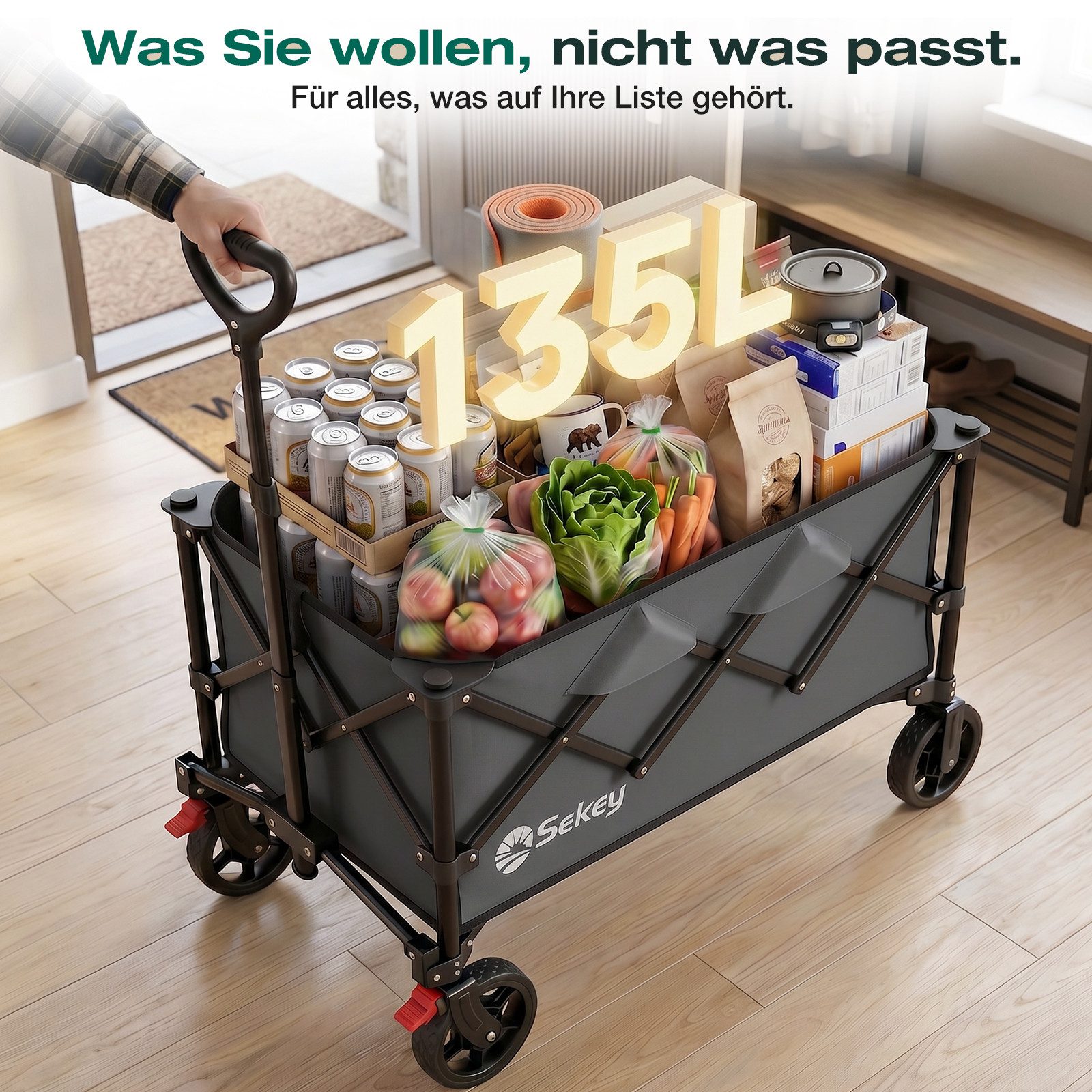 Sekey Bollerwagen Bollerwagen Faltbar Handwagen Belastbar bis 150kg Transportwagen, Zusammenfaltbar aus 4 Richtungen, mit verstellbarem Handgriff