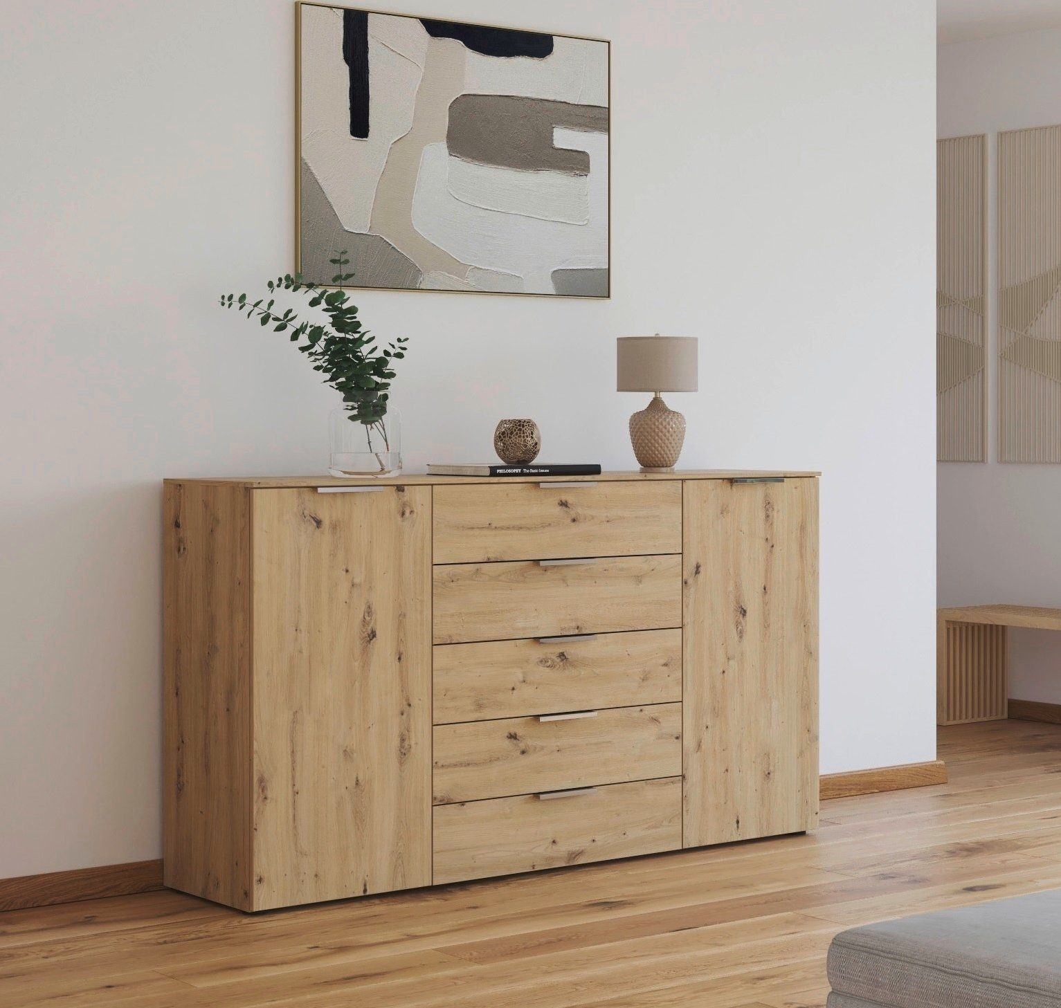 rauch Schubkastenkommode Flipp Schubladenkommode Wäscheschrank Schrank (Breite 160/180 cm mit 4 Einlegeböden), 2-türig mit 5 Schubladen und Soft-Close-Funktion in zwei Breiten