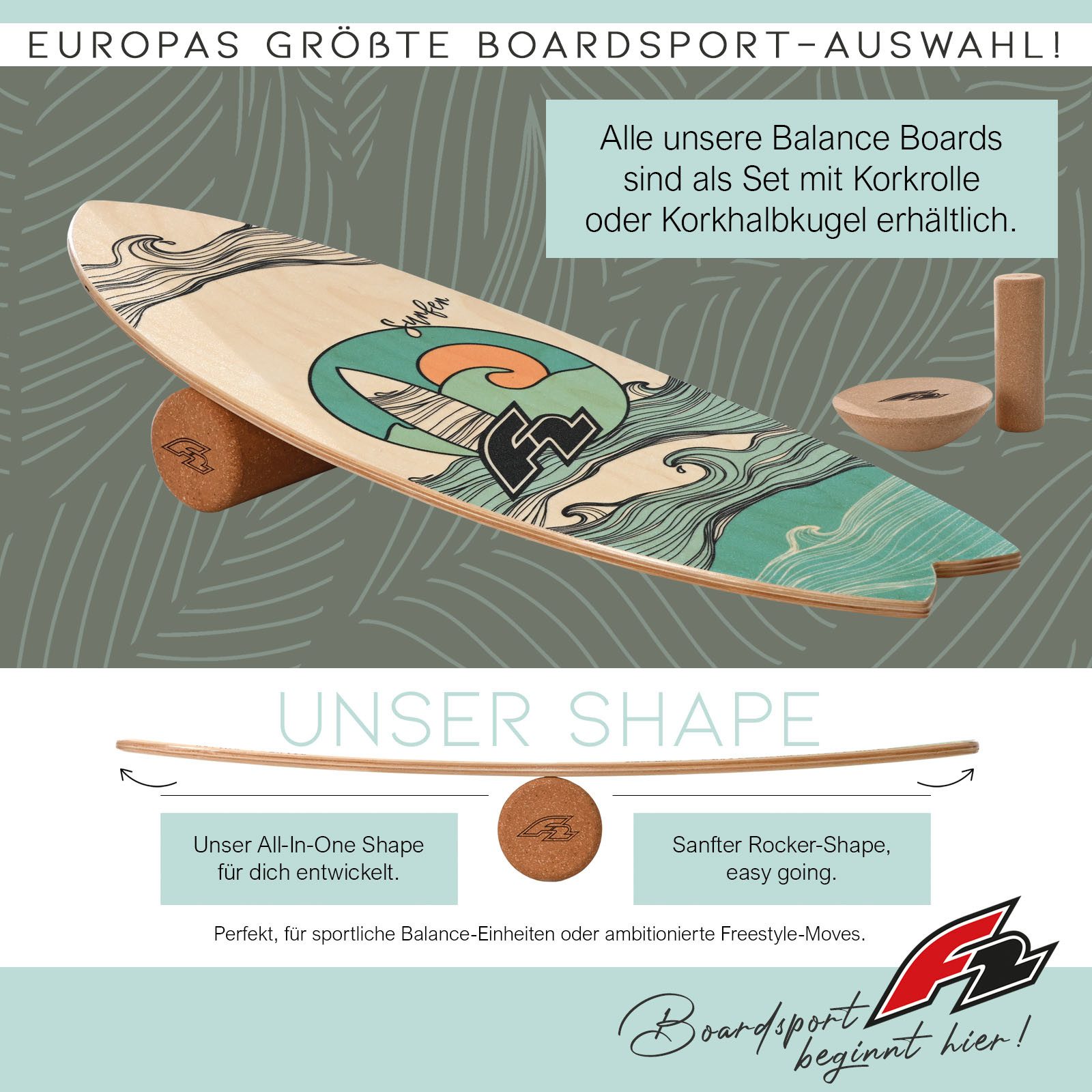 F2 Balanceboard F2 Set Balance Board Surfer 76x28cm mit Korkrolle