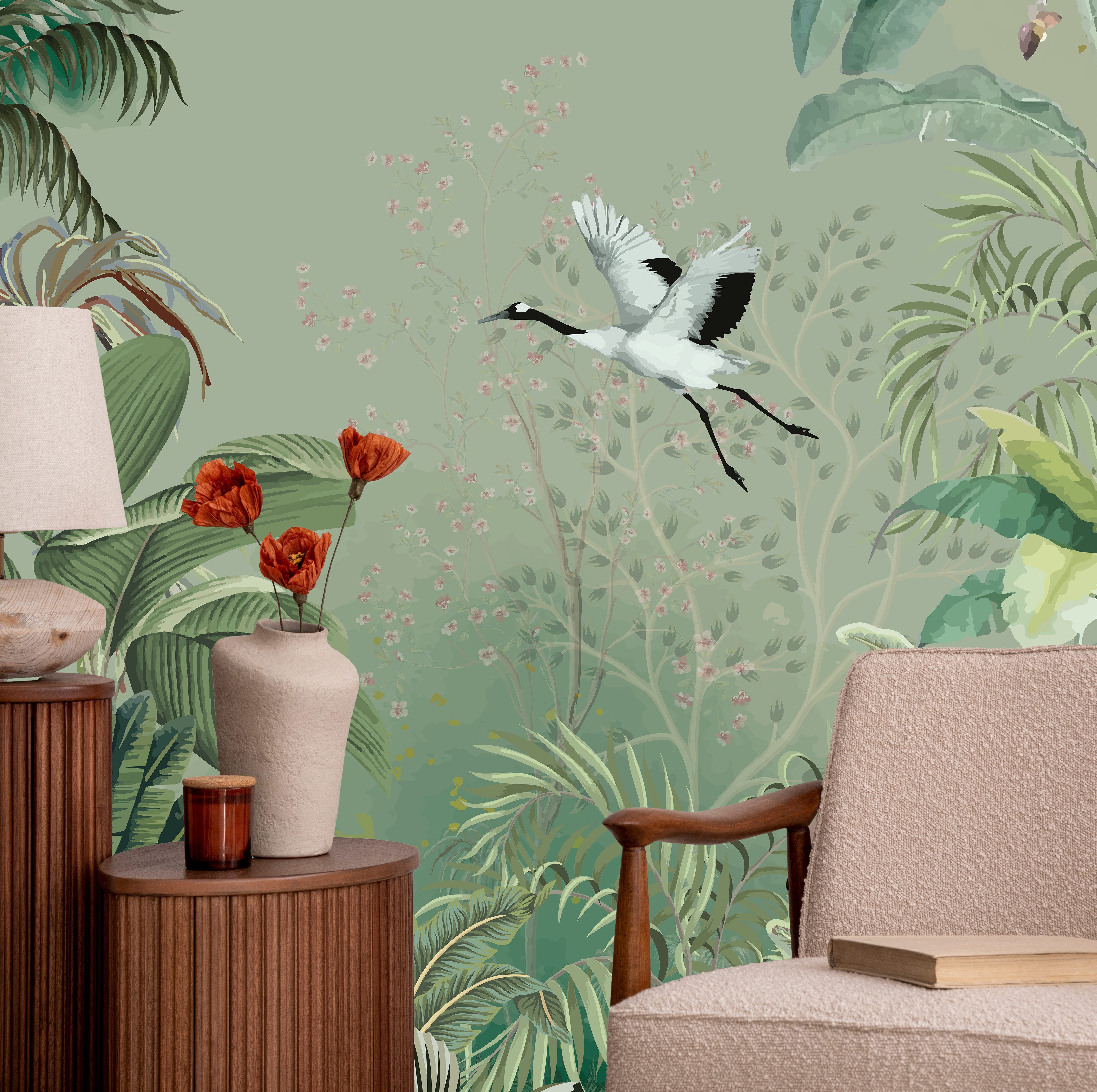 queence Fototapete Dschungel gezeichnet, glatt, Motiv, bedruckt, (2 St), Wandpaneele, selbstklebend, Tapete, Sticker, Wanddeko, XXL-Fotomotiv