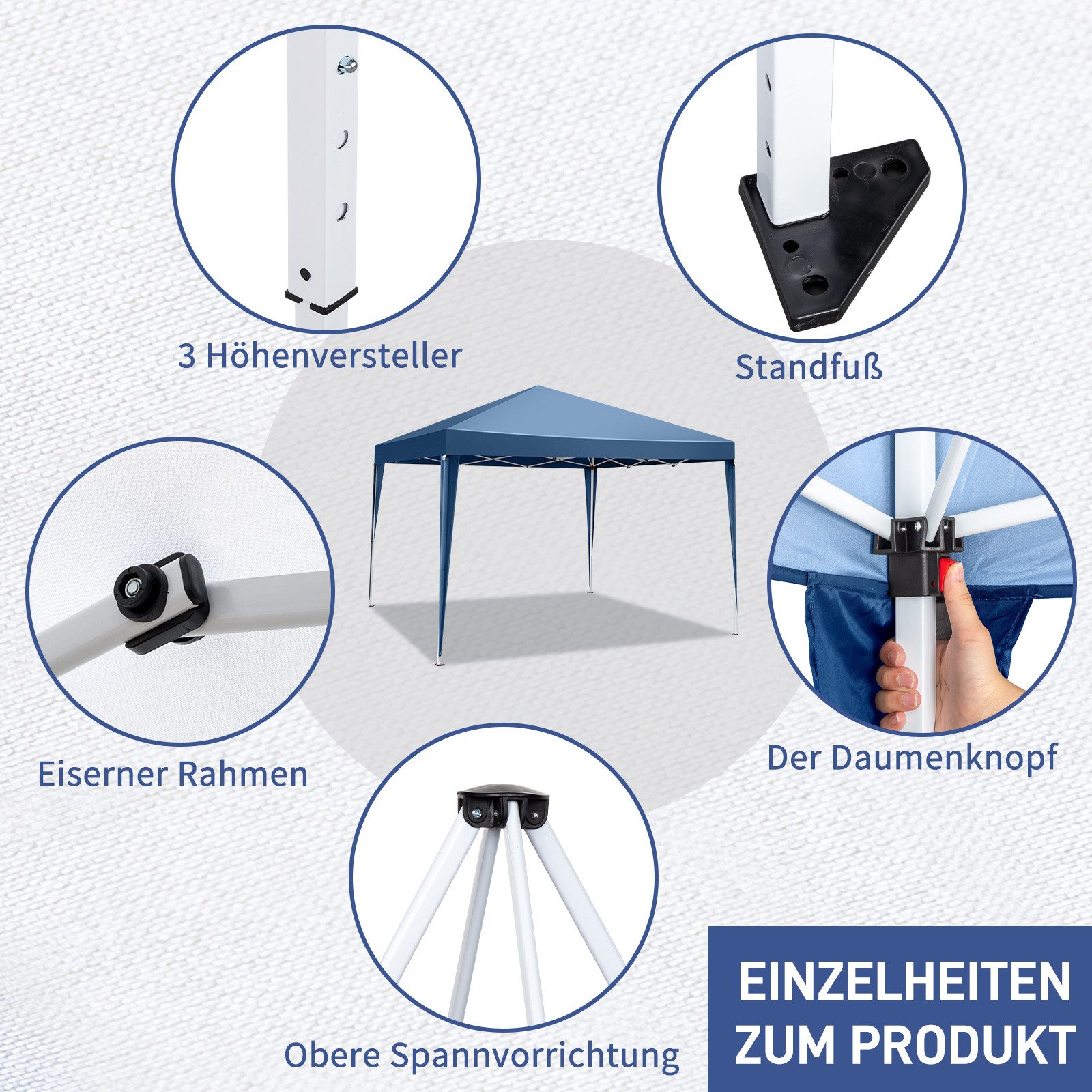 LALAHO Faltpavillon Pavillon 3x3m Pop-Up Gartenzelt höhenverstellbar, Partyzelt, UV-Schutz Gartenpavillon mit Tasche Faltzelt, für Garten, Balkon – Bild 5 von 5