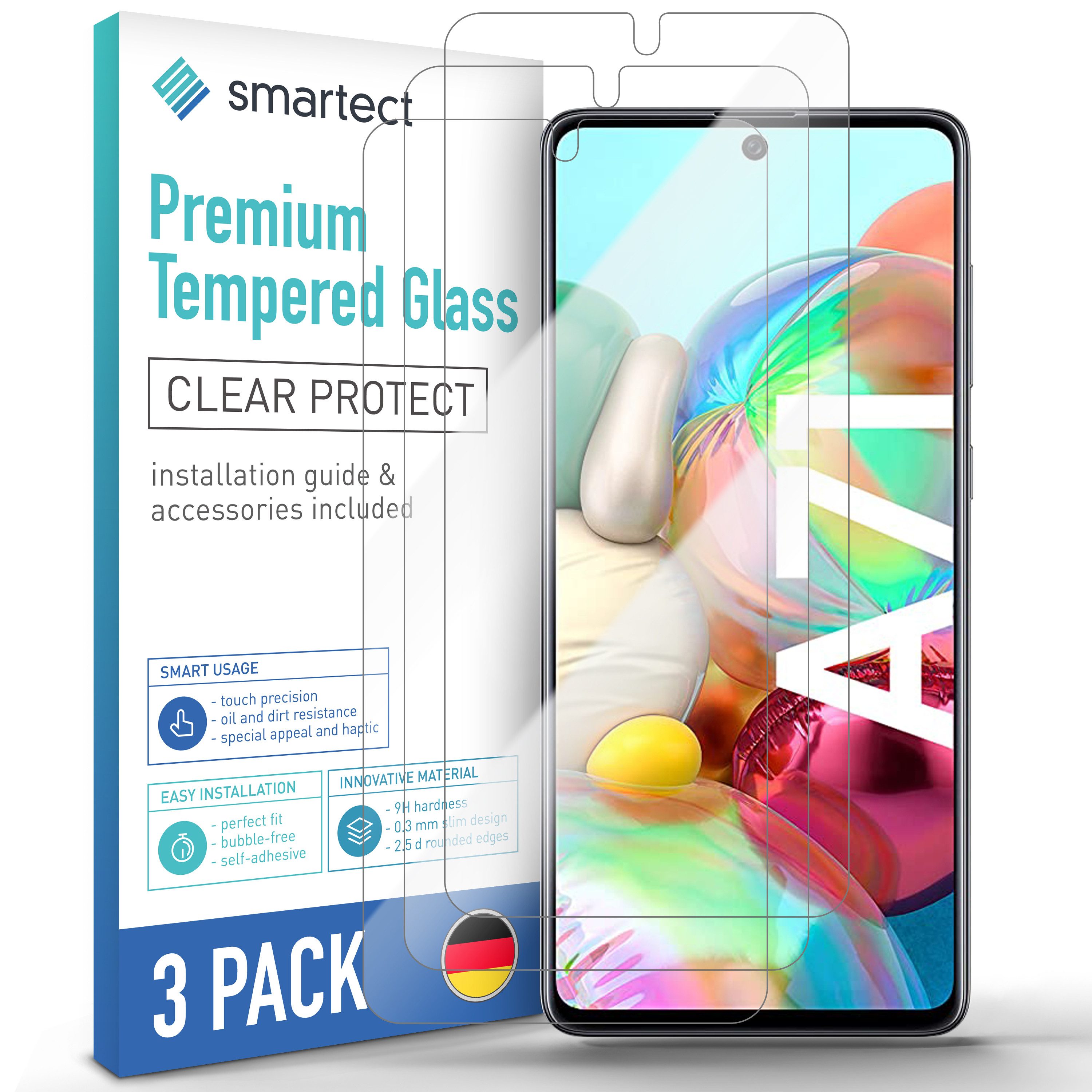 smartect Displayschutzglas 3X Schutzglas Panzerfolie Klar für Samsung Galaxy A71 für Samsung Galaxy A71, Set, 3 Stück, 0.3 mm Ultra-klar, 9H Härte, Kratzfest, Stoßfest, Blasenfrei, Oleophob