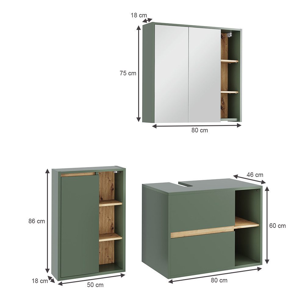 Vicco Badmöbel-Set Viola, Grün/Artisan, 3 Teile, günstig online kaufen