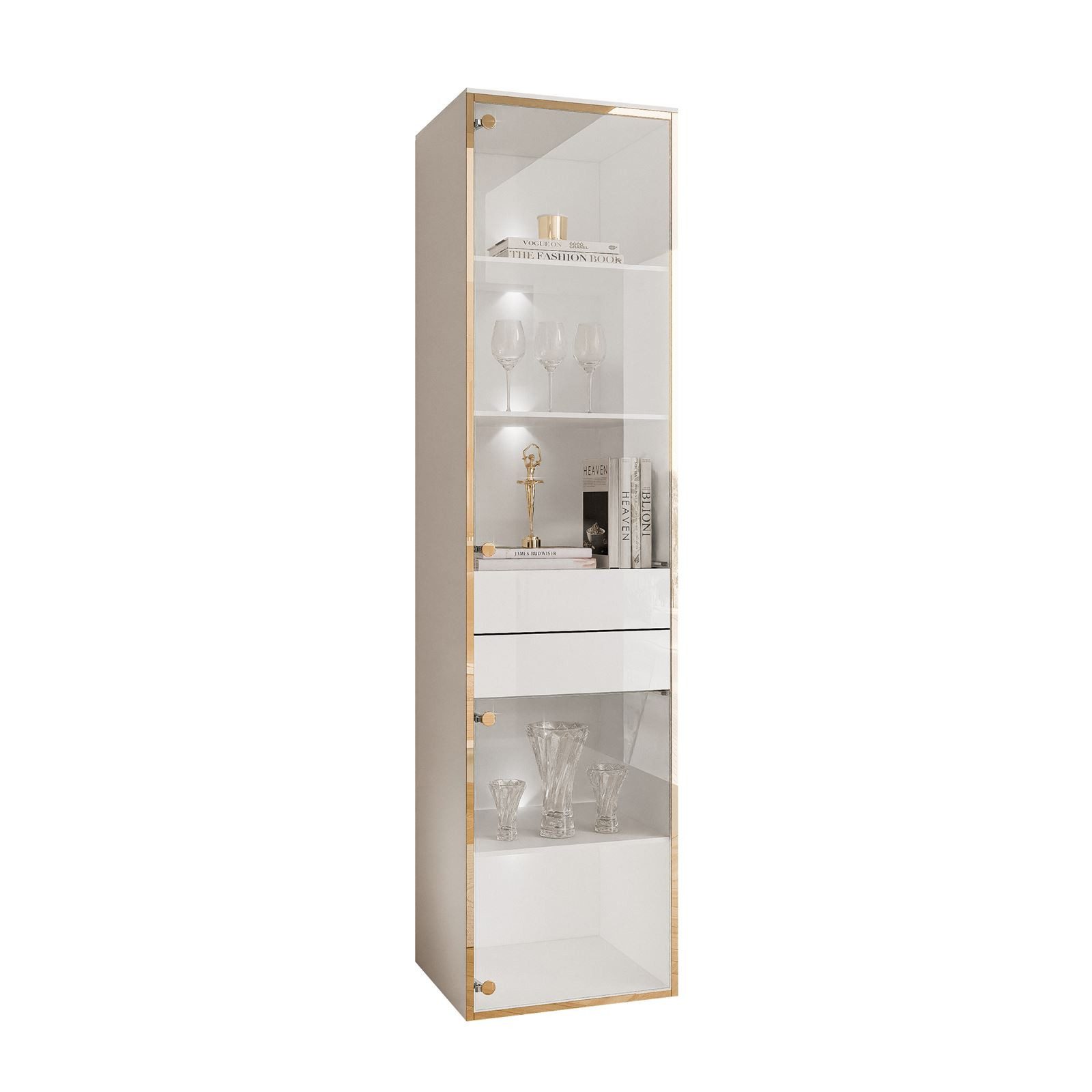 ALLHOUSE24 Vitrine PEONY Breite 45 cm Glasvitrine mit LED Beleuchtung weiß gold GLANZ (1x Vitrine) Breite 45 cm