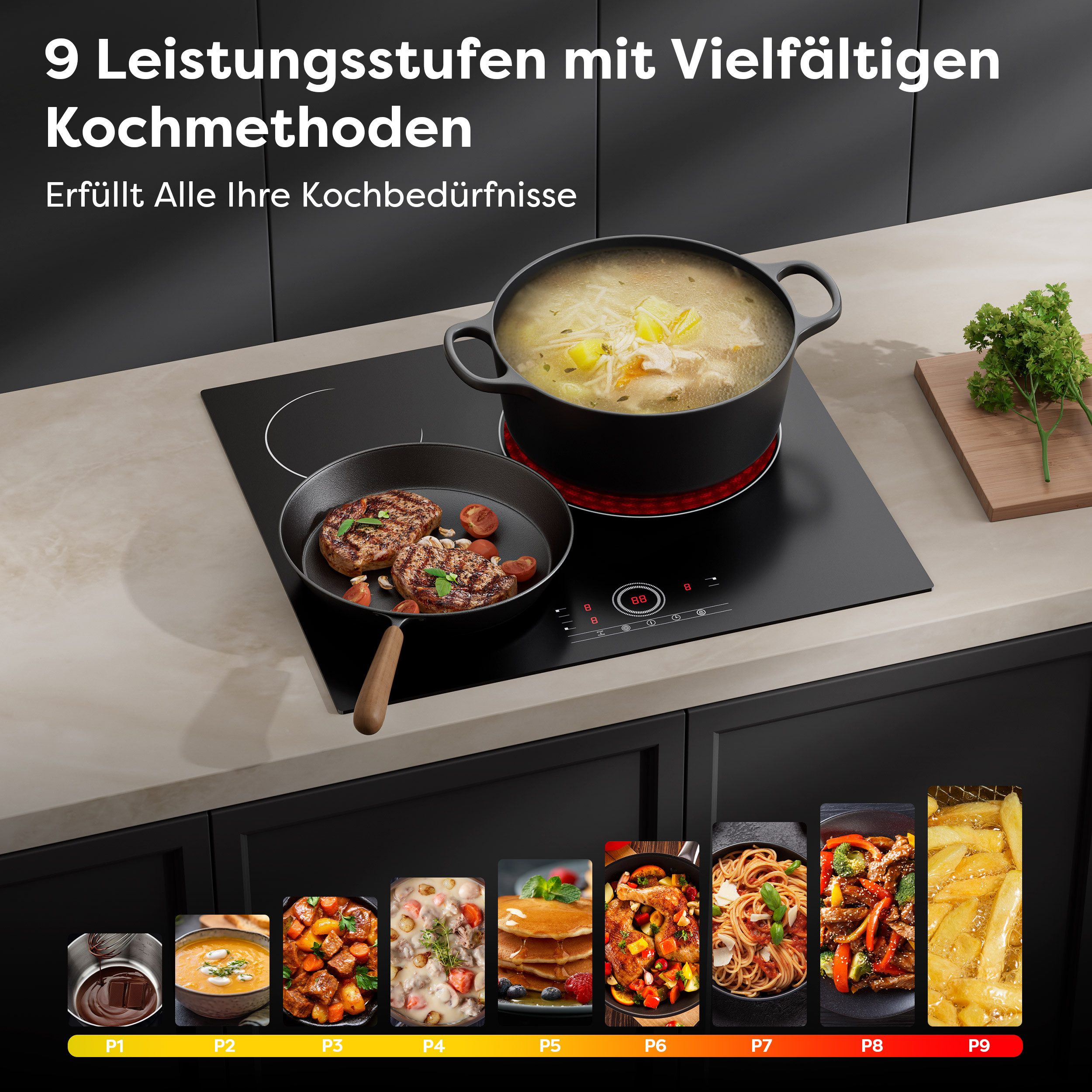 CDV Elektro-Kochfeld 59 cm Einbau Cerankochfeld CDVER573, Touch Control Einbau 3 Zonen Ceran-Kochfeld 9 Stufen mit Timer 5700 W