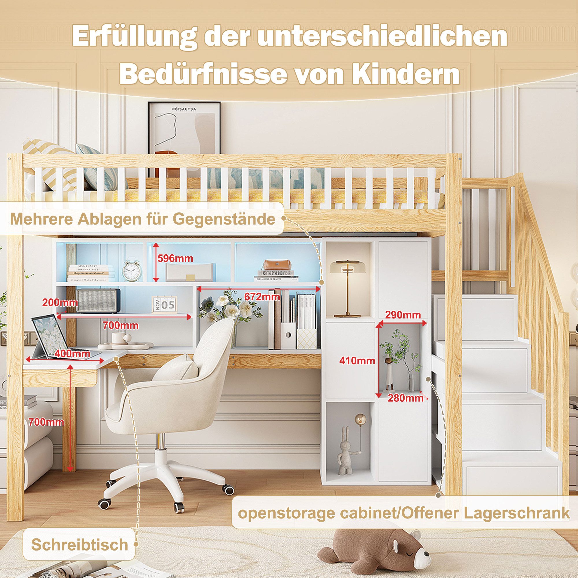 Flieks Hochbett Kinderbett 90x200cm mit Ambientelicht, Ablagefächer und Schreibtisch