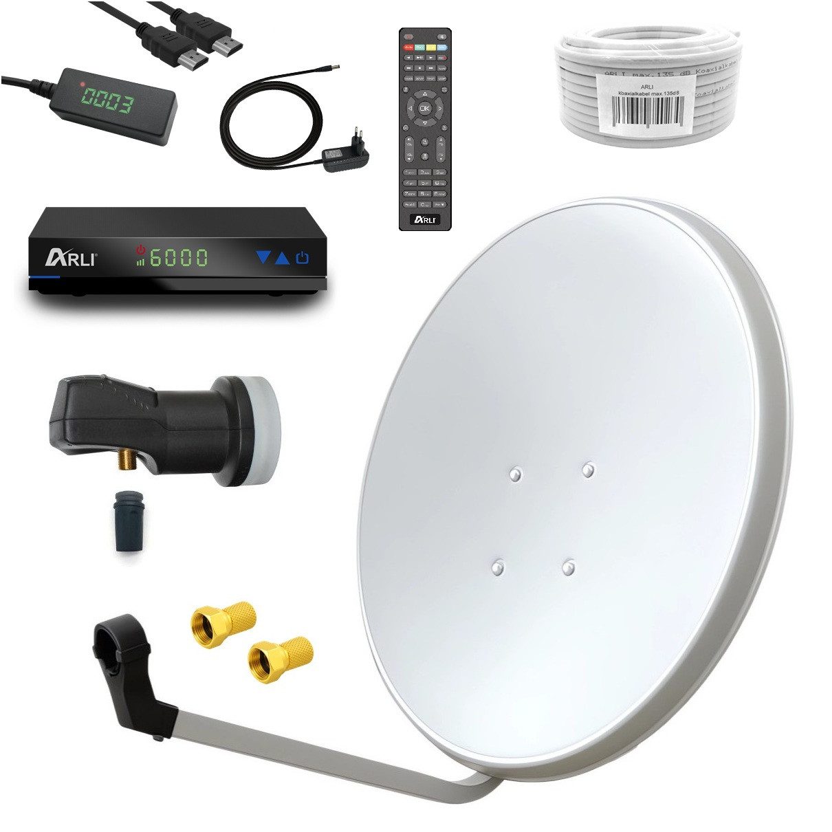 ARLI 60 cm HD Sat Anlage weiss Set inkl. Receiver +Kabel +Stecker SAT-Antenne