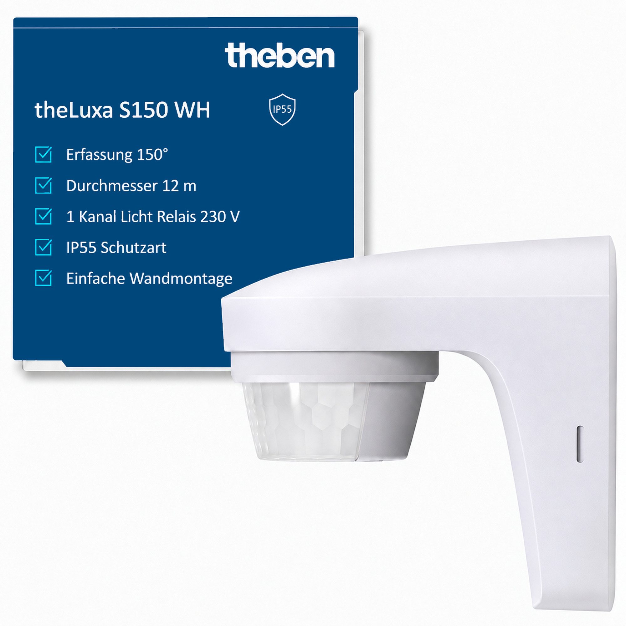 theben Bewegungsmelder theLuxa S150 WH 1010500 Bewegungsmelder, Wandmontage, 150°, Carport/Einfahrt/Hof, drehbar/neigbar