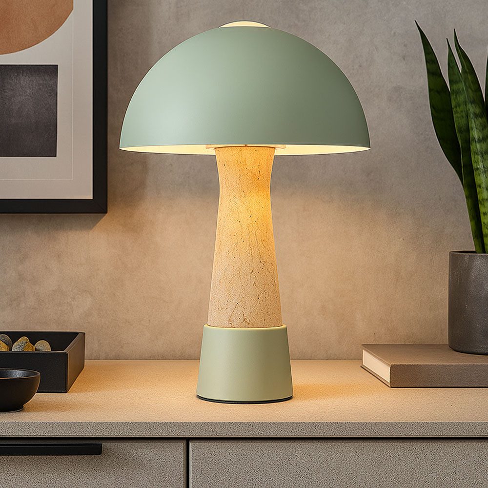 NOWA Tischleuchte, Leuchtmittel nicht inklusive, Tischleuchte Schalter grün matt Travertinoptik Beistelllampe H 36,5 cm