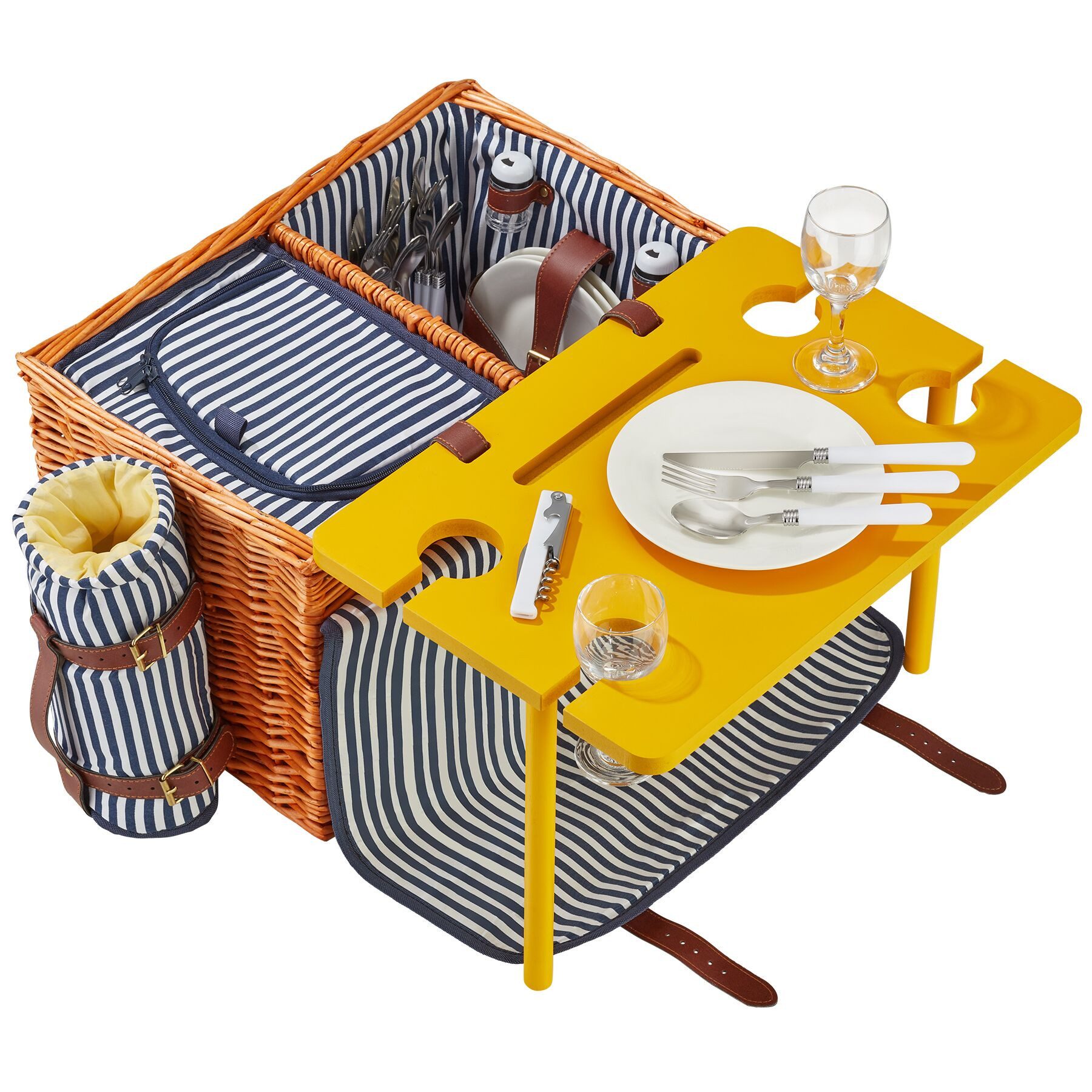 tectake Picknickkorb Weiden-Picknickbox für 4, 46,5x32x30 cm, Decke, Kühlfach/Tisch (Picknickkoffer Rügen, in braun), 20-tlg. Geschirr, Messer/Streuer/Weinkühler, 2 Schnallen, Verstellgurt