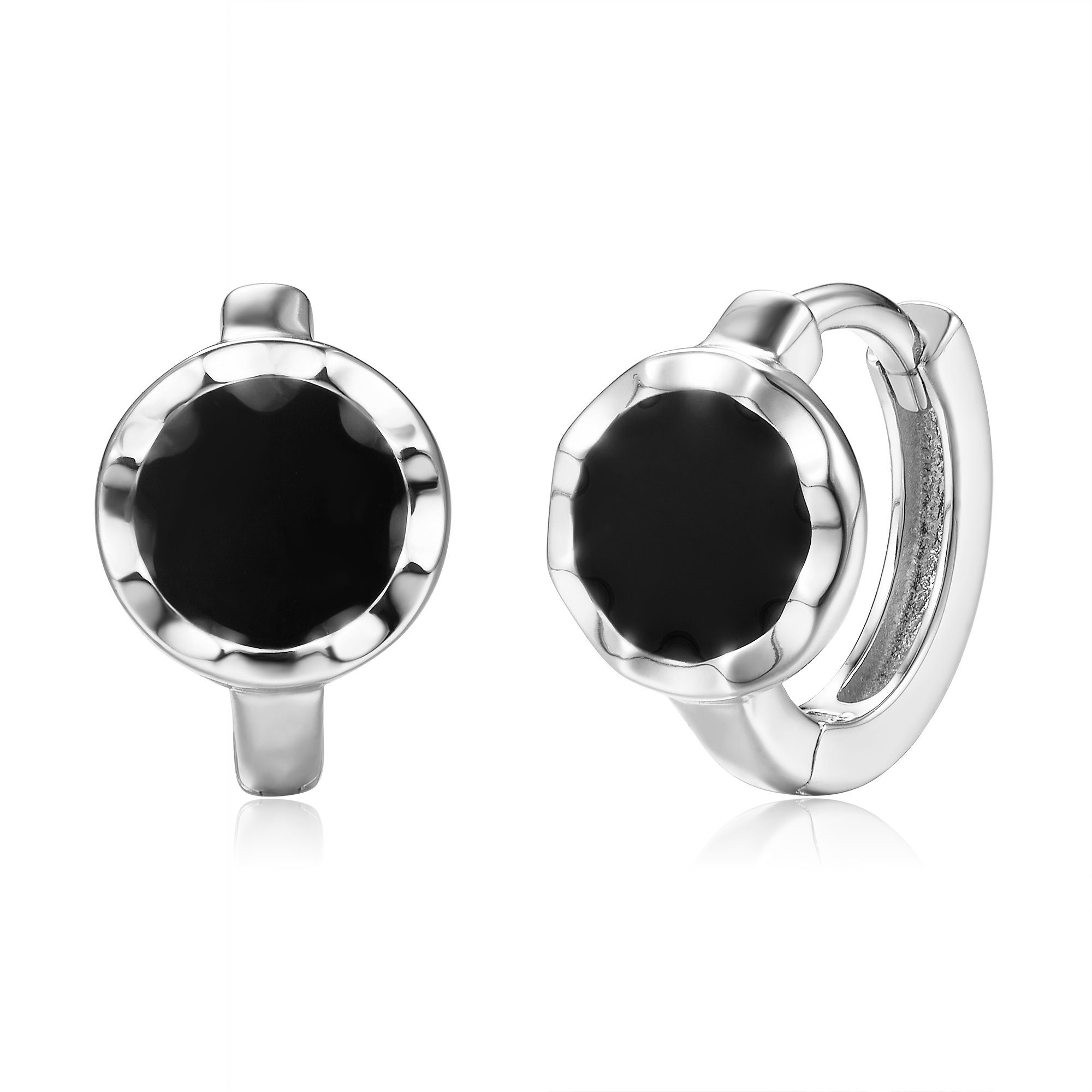 Schöner-SD Paar Creolen Silberohrringe Klappcreolen mit Emaille rund schwarz Kreis, 925 Silber