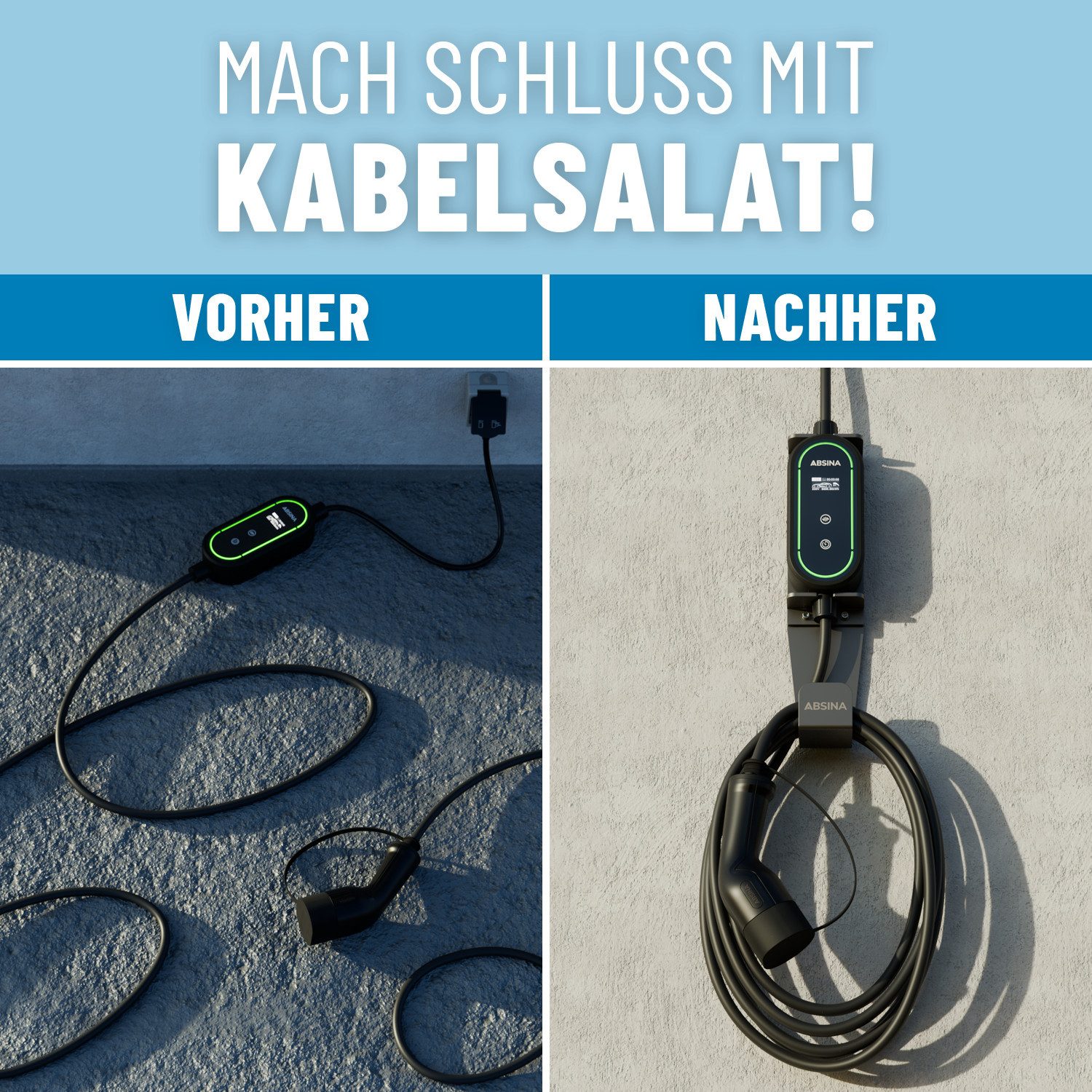 ABSINA Aluminium Typ 2 Wandhalterung für ABSINA Schuko+ CEE Ladekabel Elektroauto-Ladegerät (1-tlg) – Bild 4 von 5