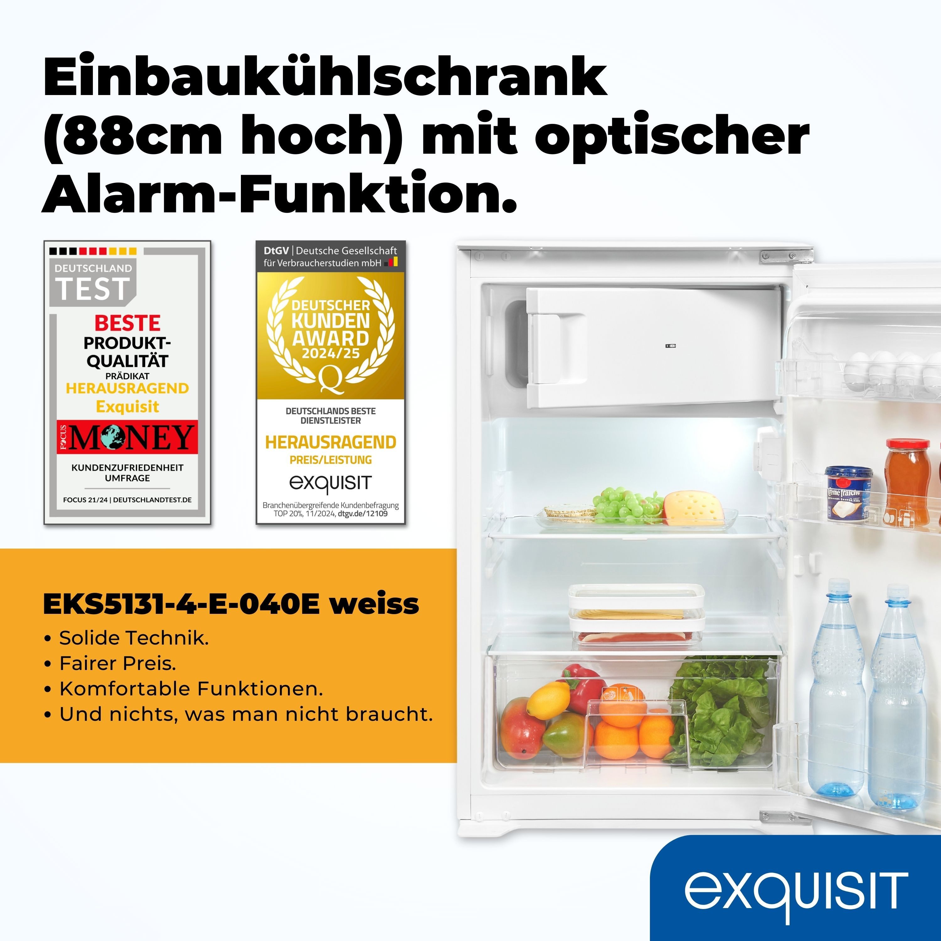 exquisit Einbaukühlschrank EKS5131-4-E-040E, 88 cm hoch, 54 cm breit, 4-Sterne-Gefrierfach, 118 Liter Nutzinhalt, Optische Alarmfunktion