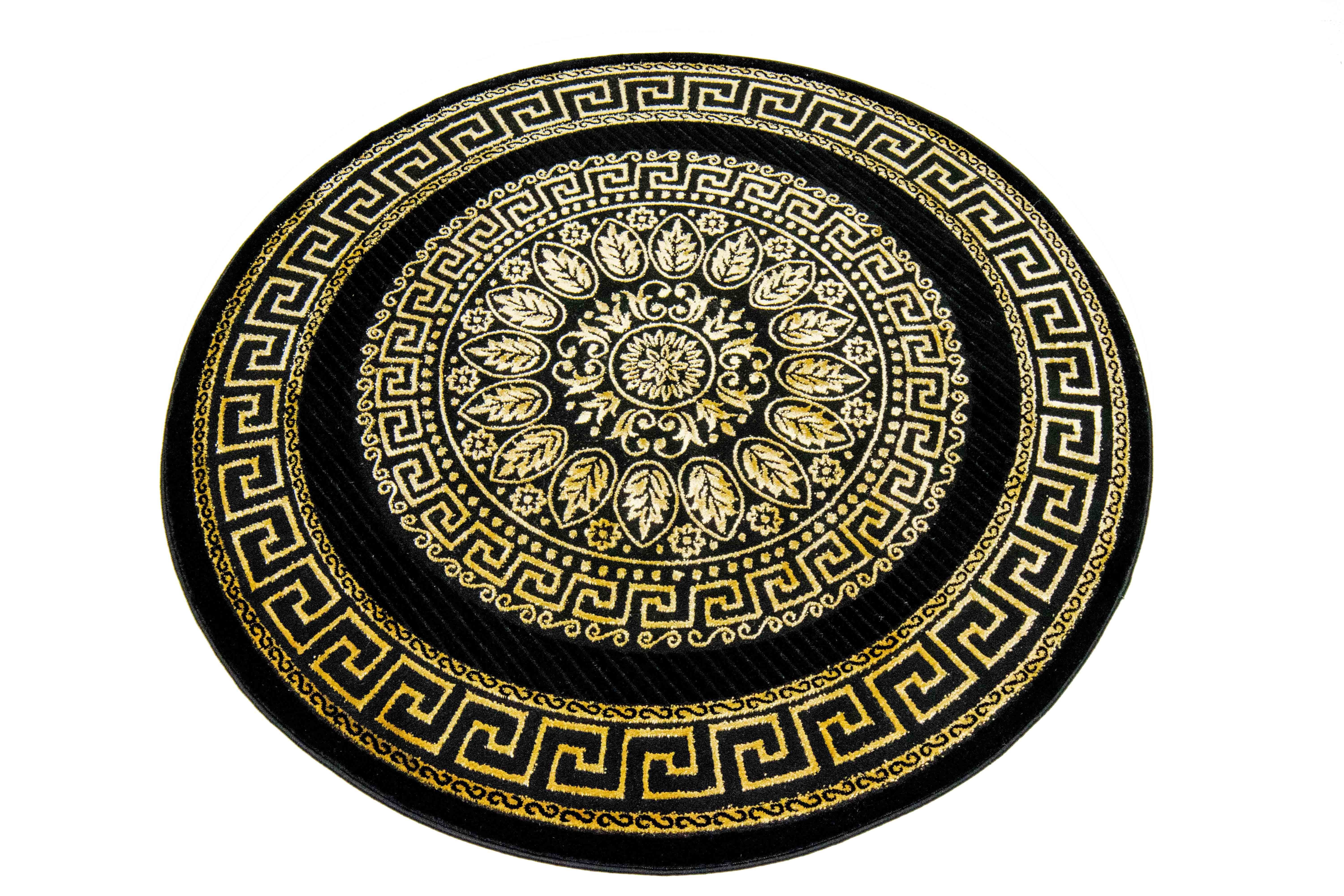 Carpetia Teppich Teppich Wohnzimmer mit Bordüre Mäander Muster schwarz gold, rund, Höhe: 12 mm