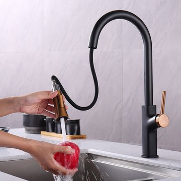HOMELODY Küchenarmatur Wasserhahn Küche 2 Strahlart Spültischarmatur Hochdruck Mischbatterie Ausziehbar 360°-Drehbar mit Höhe-Bogenauslauf, Schwarz