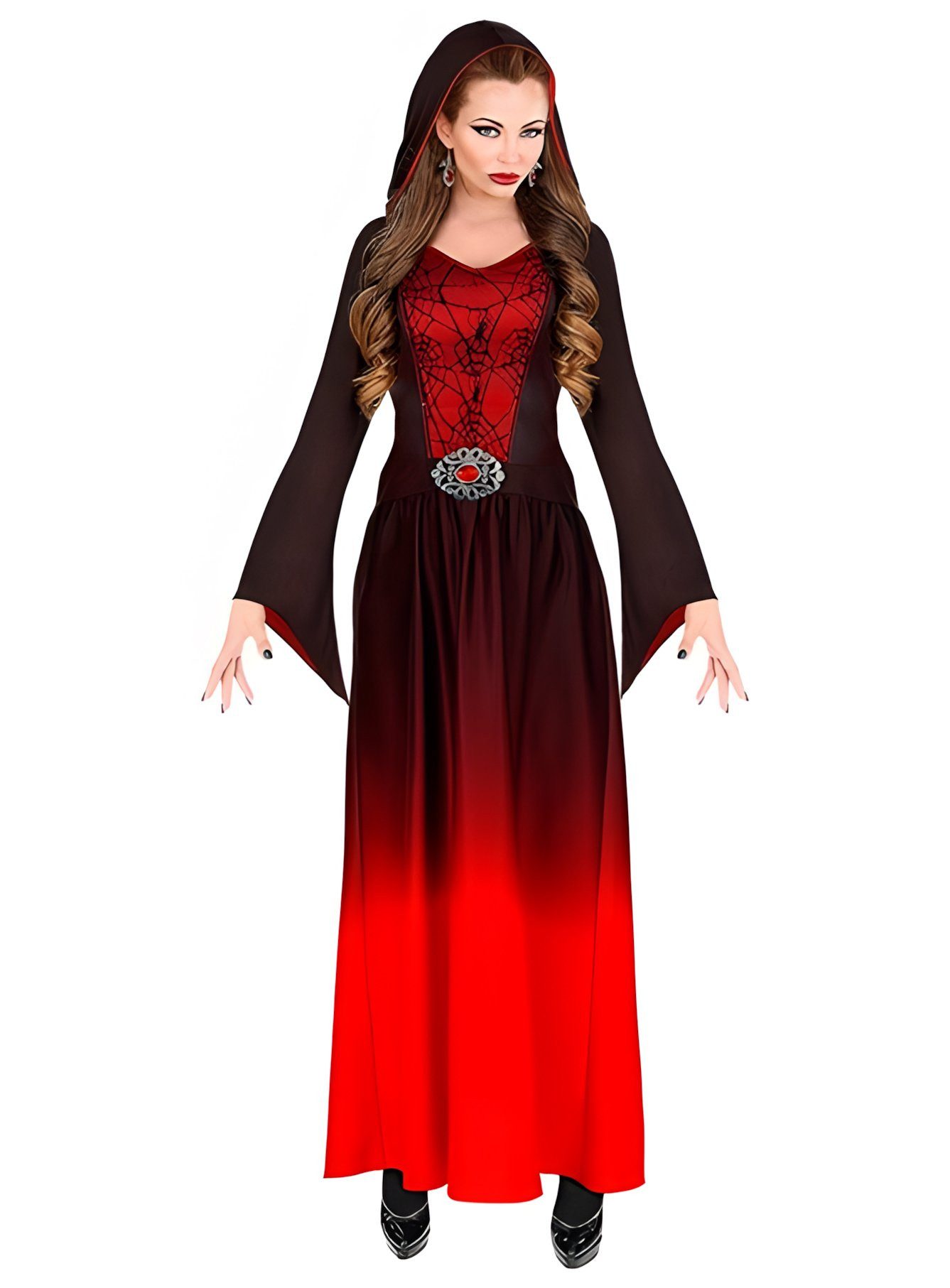Metamorph Vampir-Kostüm Gothic Lady Damenkostüm rot, Verführerisches rot-schwarzes Vampirkleid mit weit schwingenden Ärme