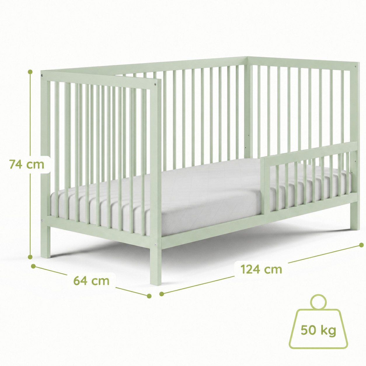 Kids Collective Babybett Kinderbett Gitterbett Baby Bett mit Rausfallschutz 60x120 70x140, stabiles Buchenholz, made in Europe 60x120 cm Grün