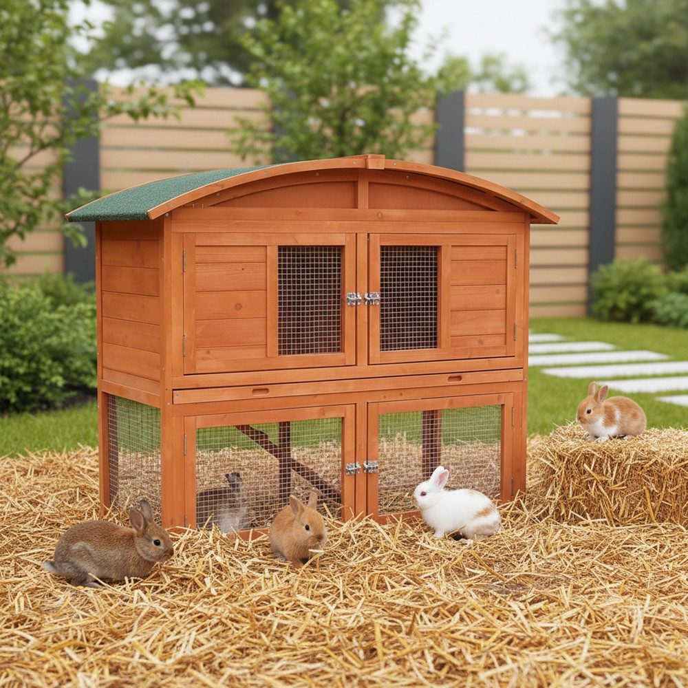 Melko Kleintierkäfig Kaninchenstall Freigehege Freilauf aus Holz in Braun Runddach Aufzucht, herausnehmbare Schublade
