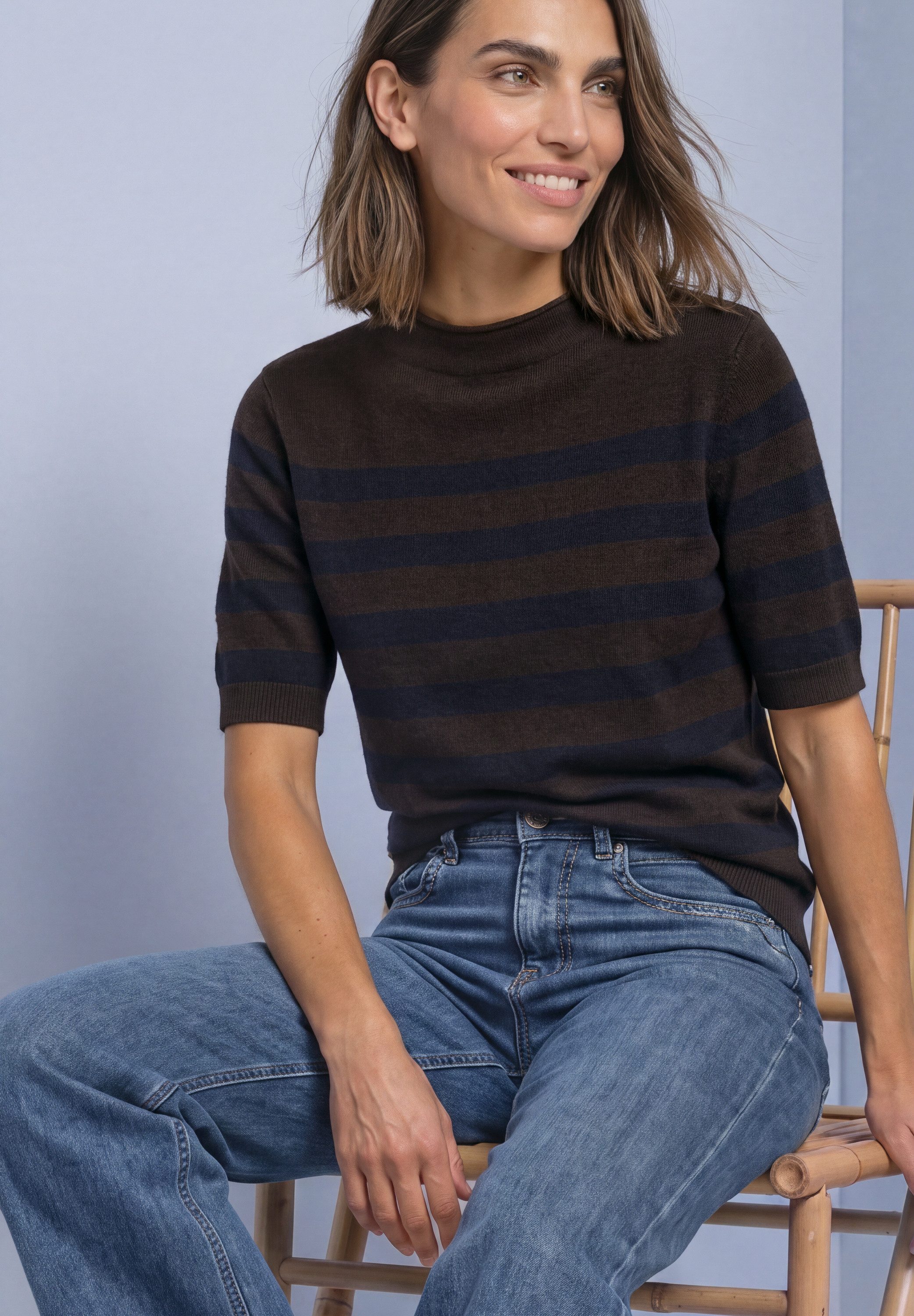 STREET ONE Strickpullover Kurzarm Pullover mit Turtle Neck / getreift