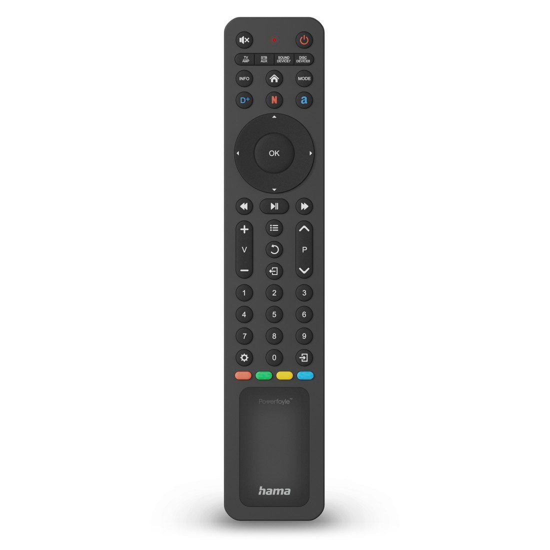 Hama Universal-Fernbedienung für TV- und AV-Geräte mit Solaraufladung Universal-Fernbedienung (8-in-1, Solaraufladung, Lernfunktion, steuert bis zu 8 Geräte, Streamingtasten)