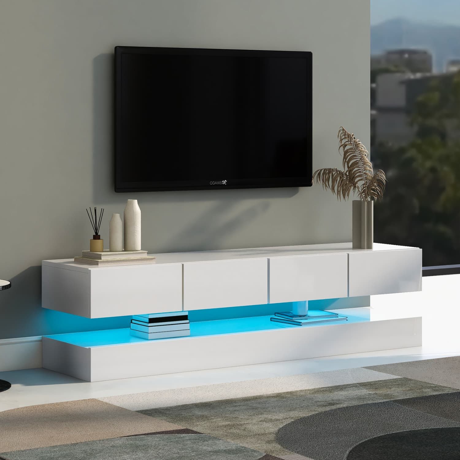 autolock TV-Schrank TV Lowboard,Wandmontiert TV-Schrank,TV-Ständer,TV-Möbel mit 2 Schrank 130*33*15cm,mit 4 Schubladen,Wandschrank mit 16-farbige LED