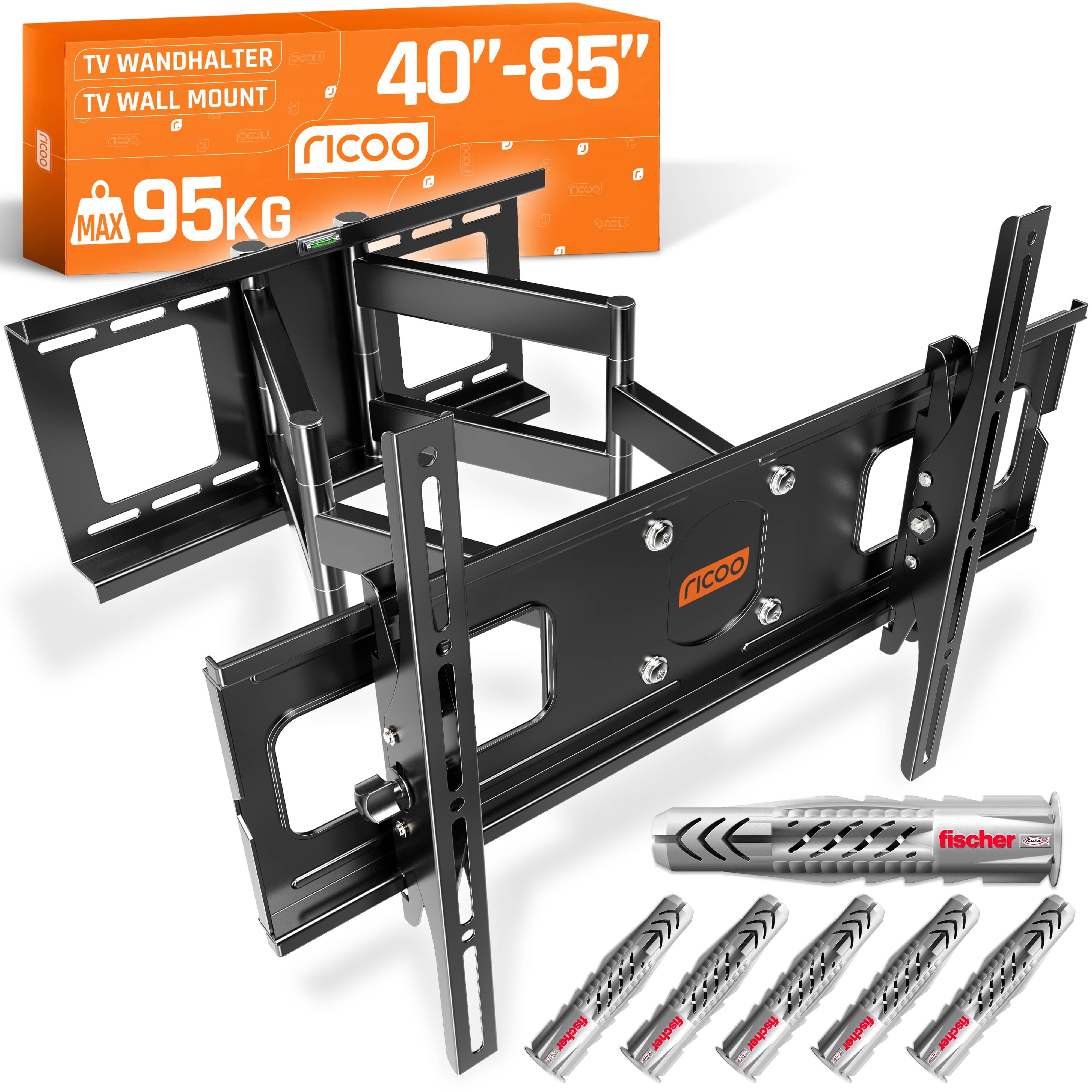 RICOO TV-Wandhalterung Fernseh Halterung 55" 65" 75" 85" max 95 Kg schwenkbar R06-F, (bis 85 Zoll, VESA 200x200 bis 600x400, 1-tlg., inkl. FISCHER® Dübel vollbeweglich ausziehbar 40 Zoll bis 85 Zoll, bis 15° Neigung, bis zu 120° Schwenkung, Fernseher Halt