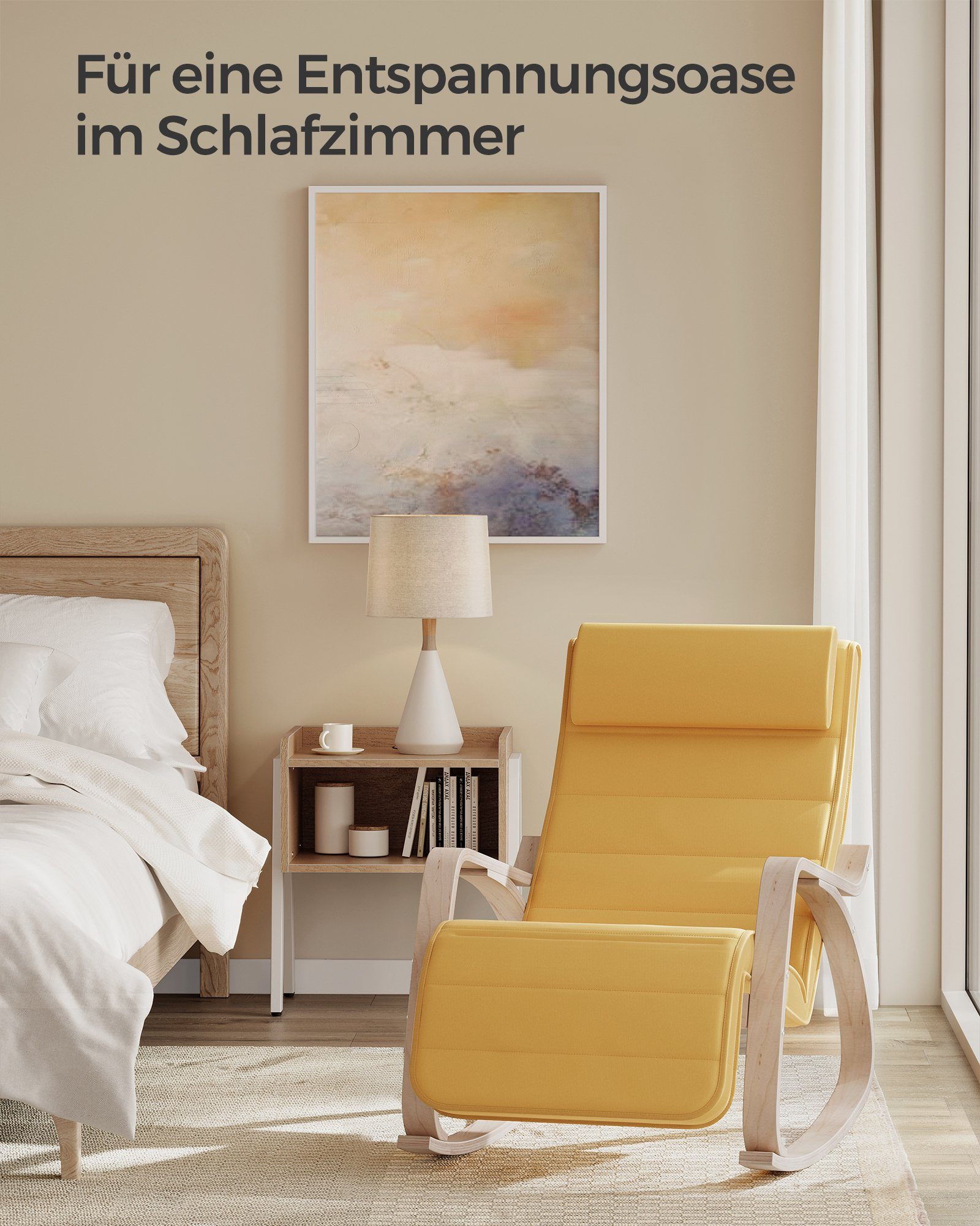 SONGMICS Schaukelsessel Schaukelstuhl, für Schlafzimmer, Wohnzimmer, 67 x 115 x 91 cm (mit Armlehnen aus Birkenholz), 5-fach verstellbare Fußstütze, bis 150 kg belastbar, pastellgelb