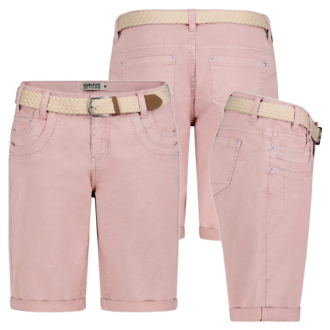 SUBLEVEL Bermudas Damen Short Bermuda kurze Hose Sommer Chino Short Stoff Hose Gürtel