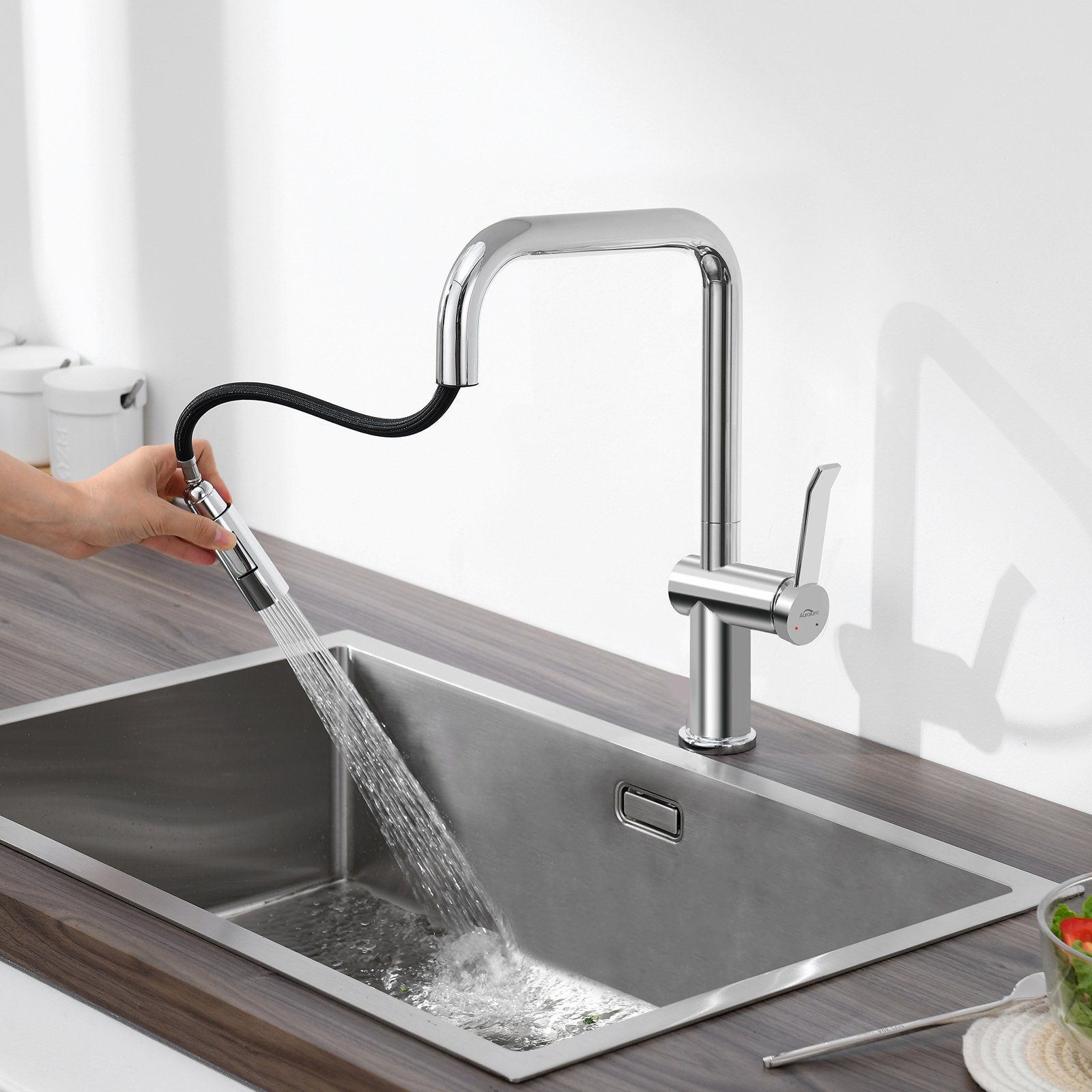 Auralum Küchenarmatur 360°Drehbar Ausziehbar Küchenarmatur Wasserhahn Silber Edelstahl Brause 2
