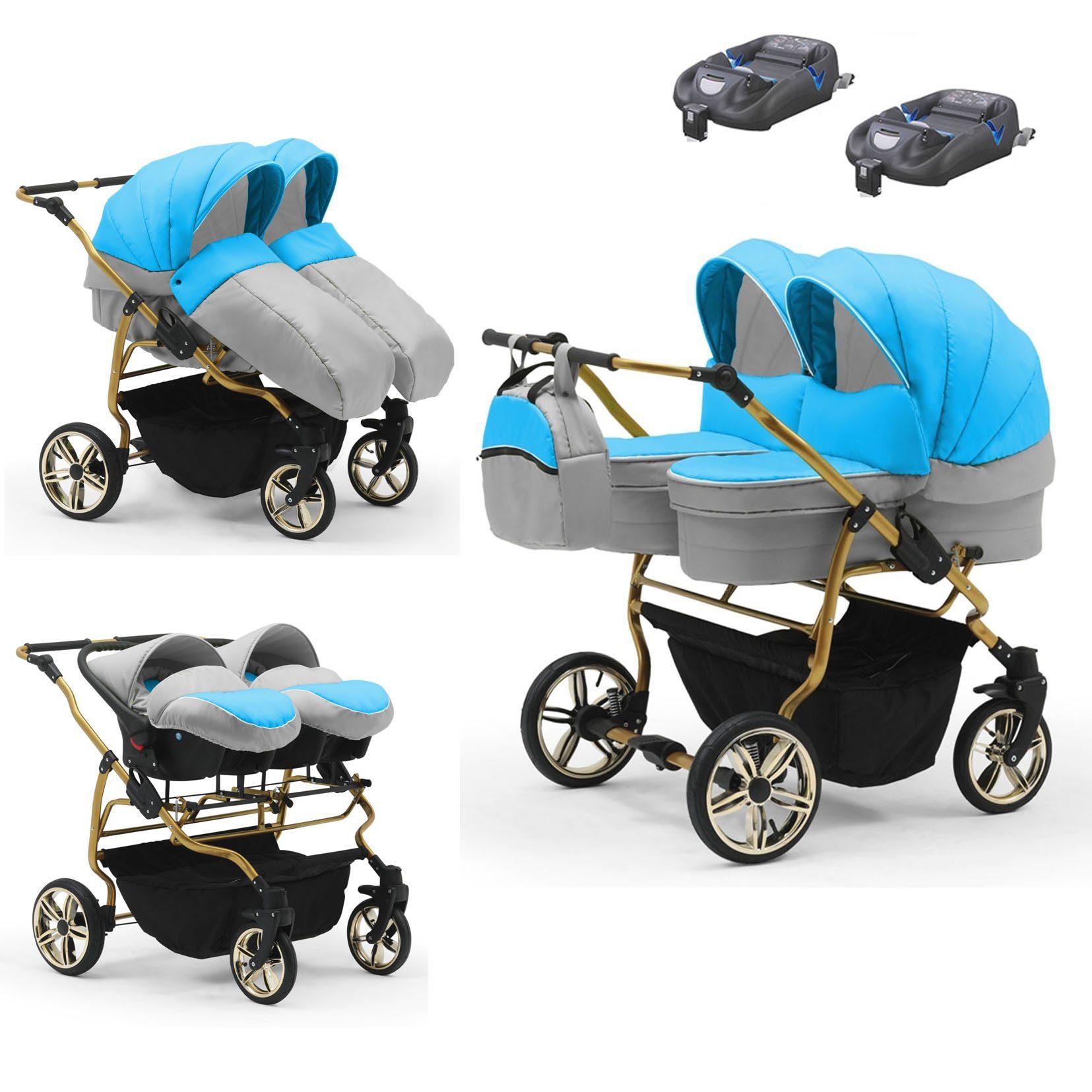 babies-on-wheels Zwillingswagen Zwillingswagen Duet Lux Gold 4 in 1 - 15 Teile - in 33 Farben Türkis-Grau-Türkis-Grau