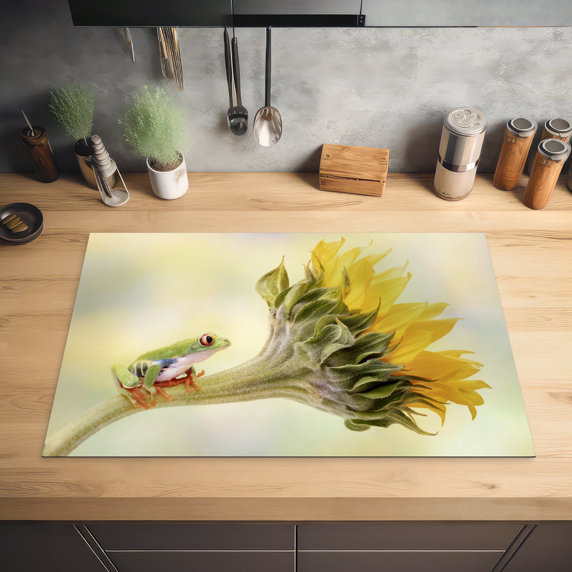 MuchoWow Herdblende-/Abdeckplatte Sonnenblume - Tier für die Frosch, Schutz tlg), Vinyl, - Ceranfeldabdeckung cm, küche, 81x52 (1 Induktionskochfeld