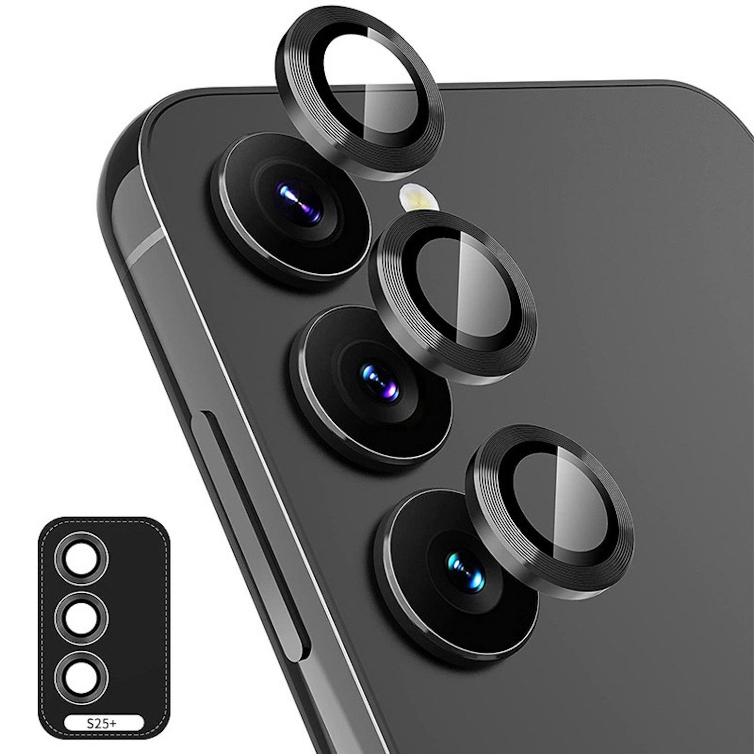 Wigento Handyhülle Für Samsung Galaxy S25 Plus 5G Aluminium Ring + H9 Hart Glas Schwarz, Kameralinsenschutz mit Metallring, gehärtetes Glas
