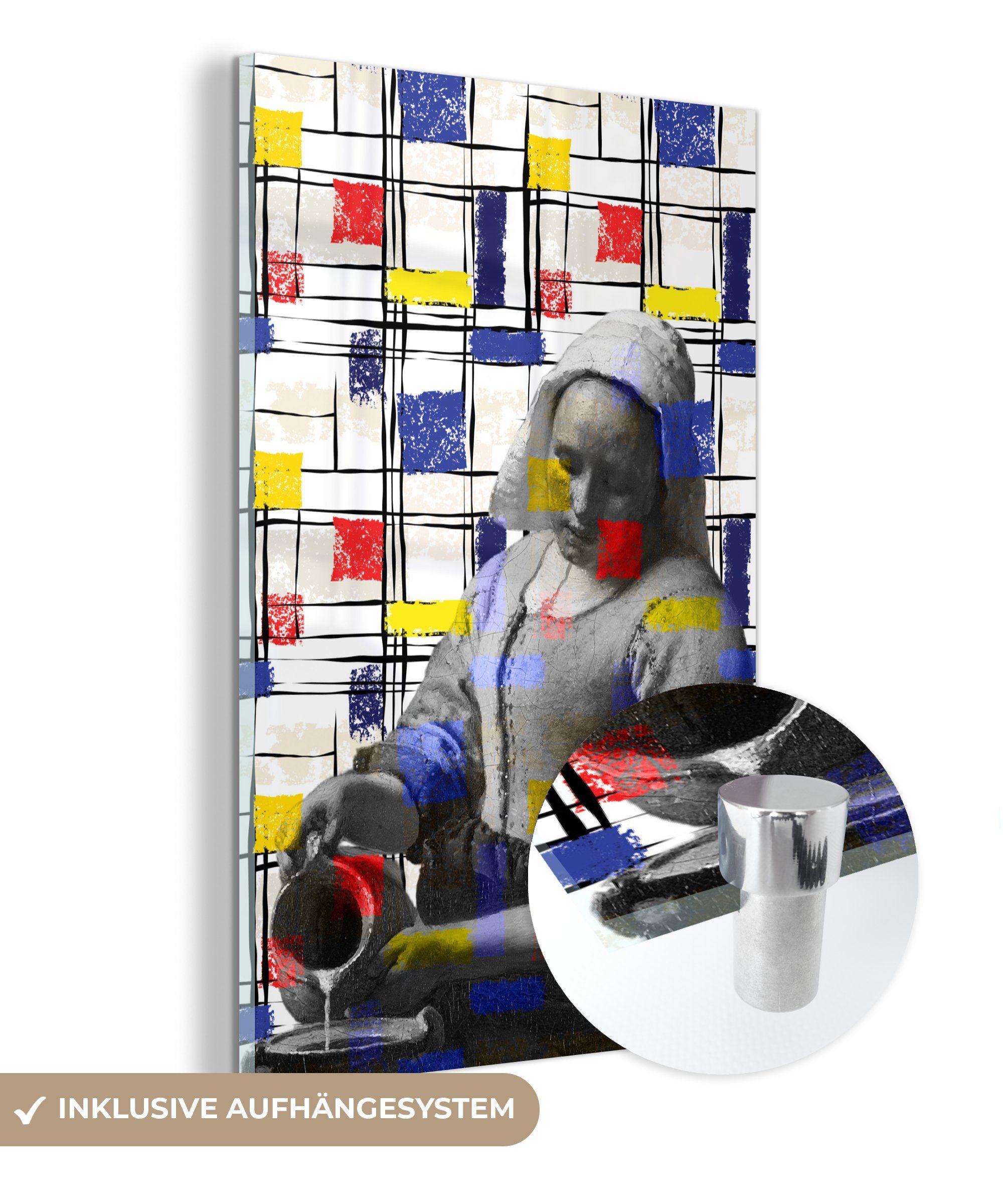 MuchoWow Acrylglasbild Milchmädchen - Mondrian - Collage, (1 St), Glasbilder - Bilder auf Glas Wandbild - Foto auf Glas - Wanddekoration bunt