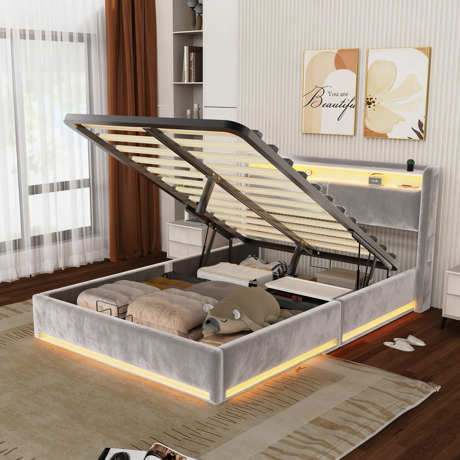 oyajia Polsterbett LED Doppelbett 140x200cm, Stauraumbett mit Kopfteil, Sam günstig online kaufen