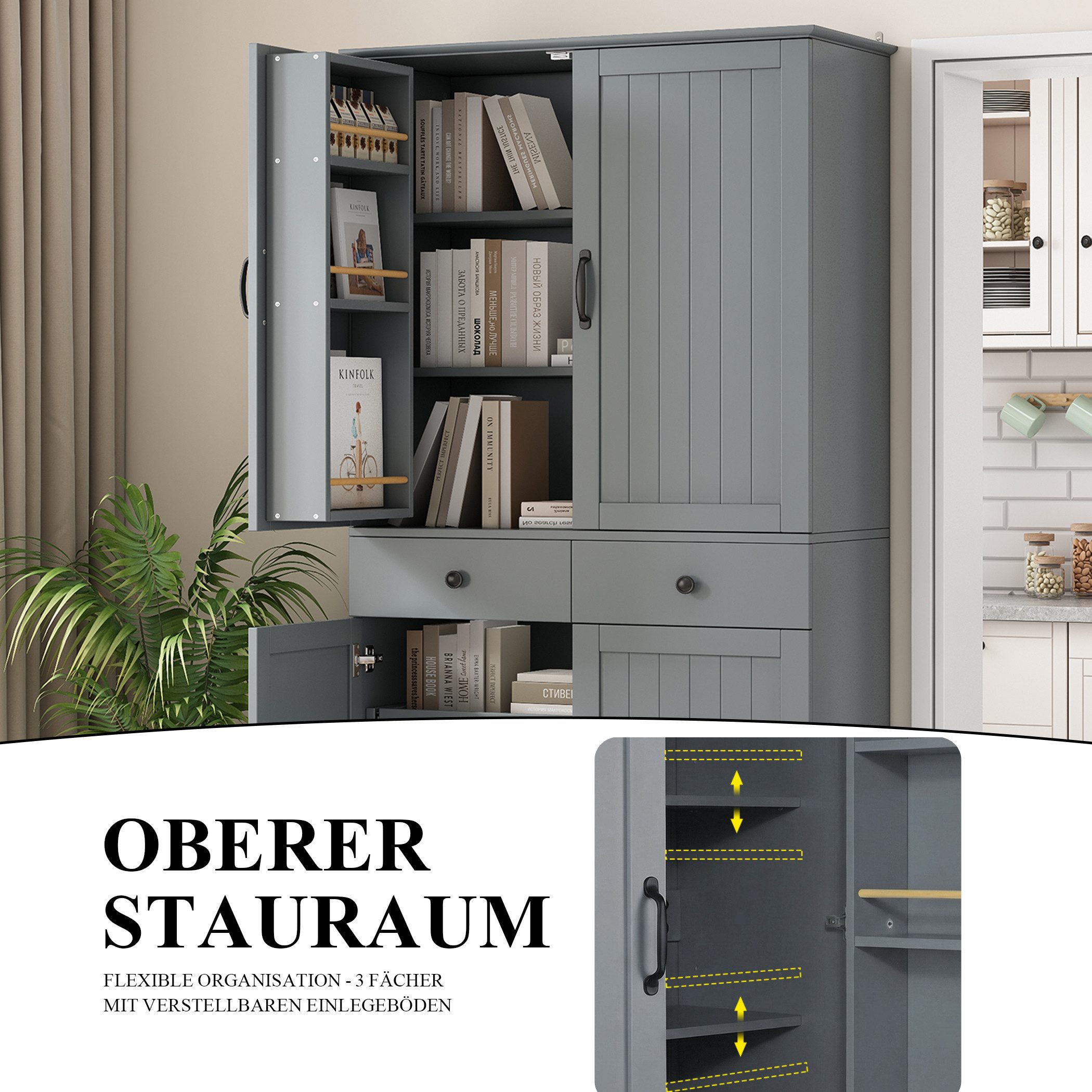 SeedWave Buffet 181cm Küchenschrank mit Verstellbaren Fächer, Ausziehbaren Tabletts Moderner Hochschrank mit Türablagen, 2 Schubladen