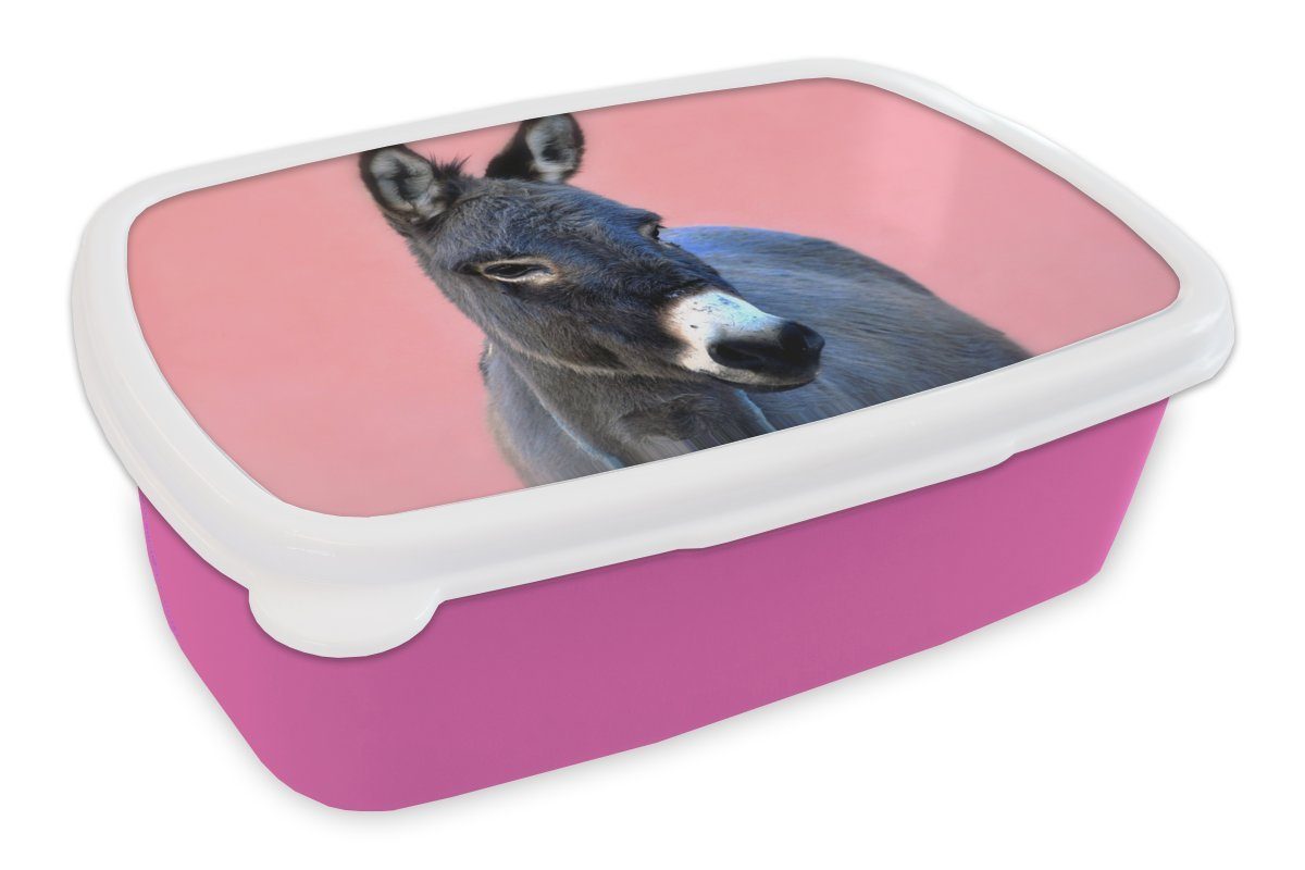 MuchoWow Lunchbox Esel in Schwarz, Kunststoff, (2-tlg), Brotbox für Erwachsene, Brotdose Kinder, Snackbox, Mädchen, Kunststoff rosa