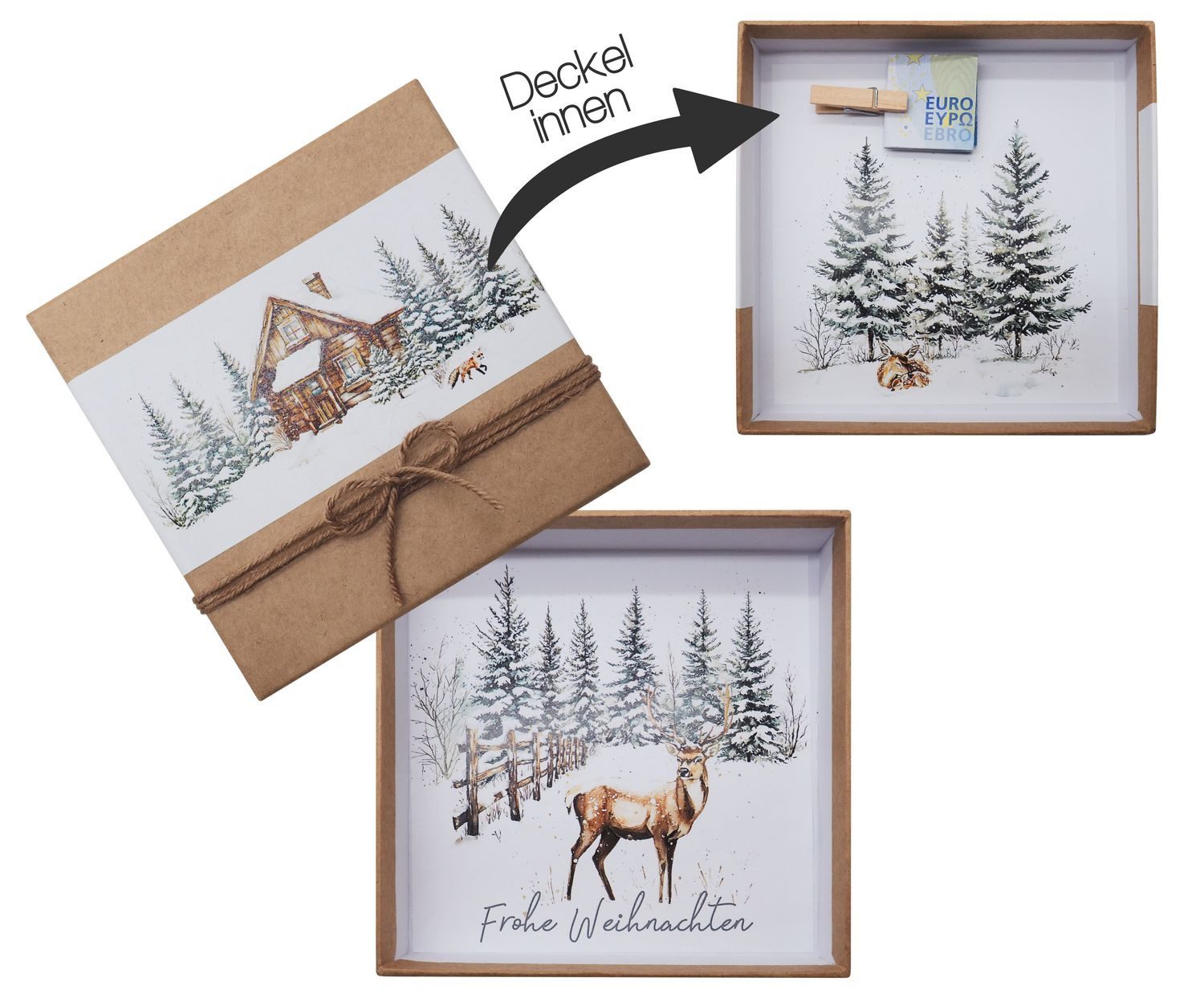 Thumbnail - ZauberDeko Geschenkbox Geldgeschenk Kraft Banderole Wald Hirsch Fuchs Haus Weihnachten