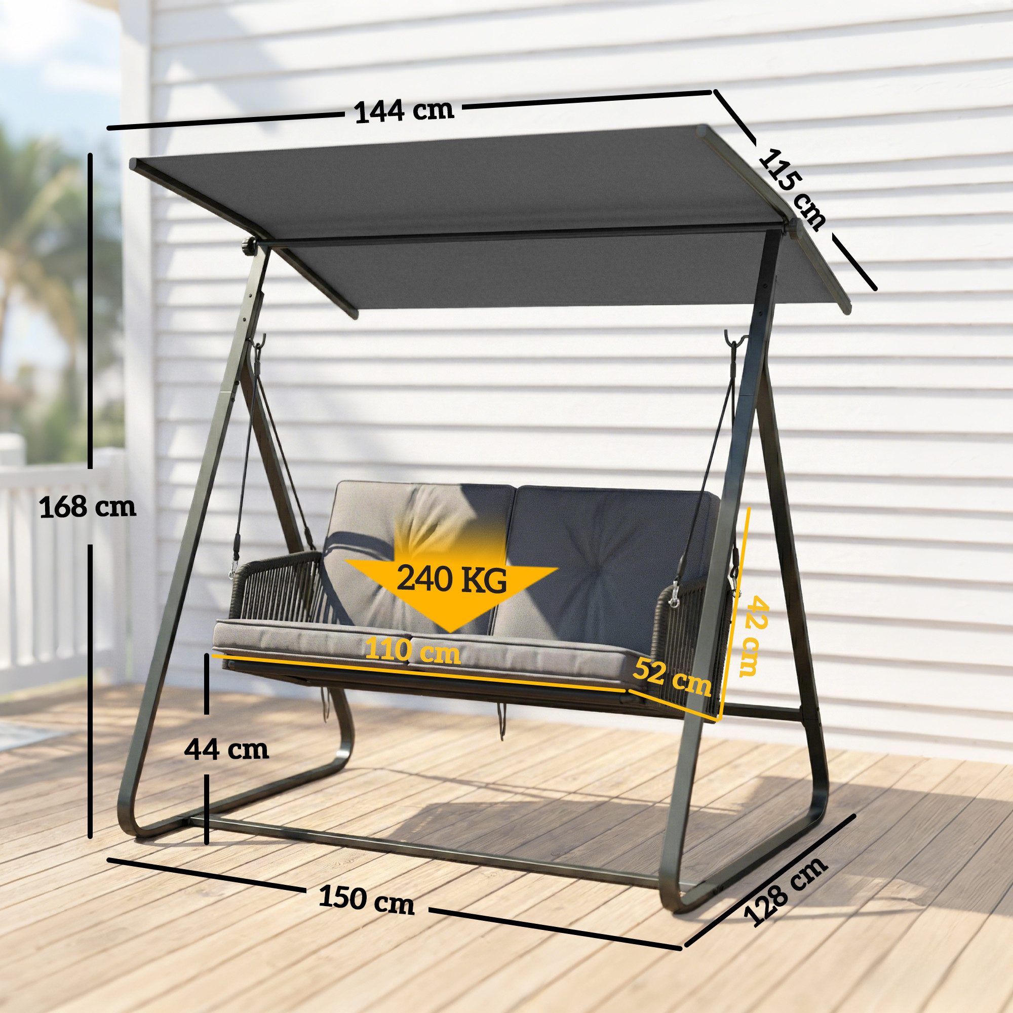 Outsunny Hollywoodschaukel mit Verstellbarem Sonnendach, weichem Kissen, A-Rahmen, 2-Sitzer, verstellbares Dach, Schaukelbank, geeignet für 2 Personen, Gartenschaukel, 3 tlg., 2-Sitzer Schaukelbank, für Garten Terrasse 150 x 128 x 168 cm Dunkelgrau