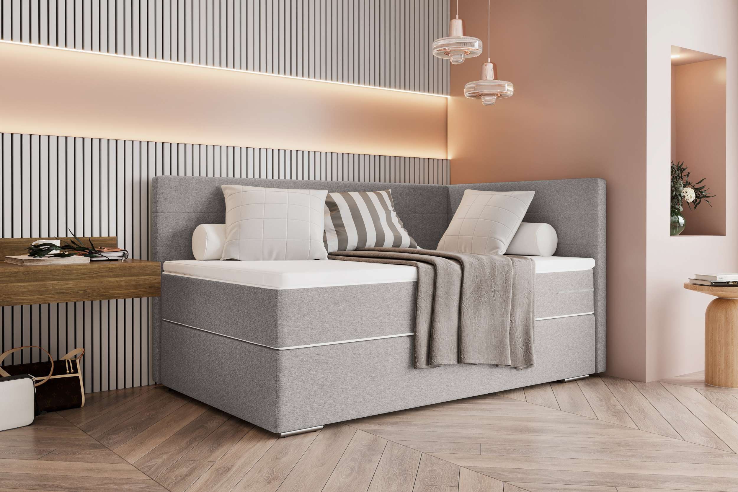 99rooms Boxspringbett Phönix Mini Plus (Schlafzimmerbett, Bett), mit Taschenfederkernmatratze und Topper, in Webstoff MALMO_NEW