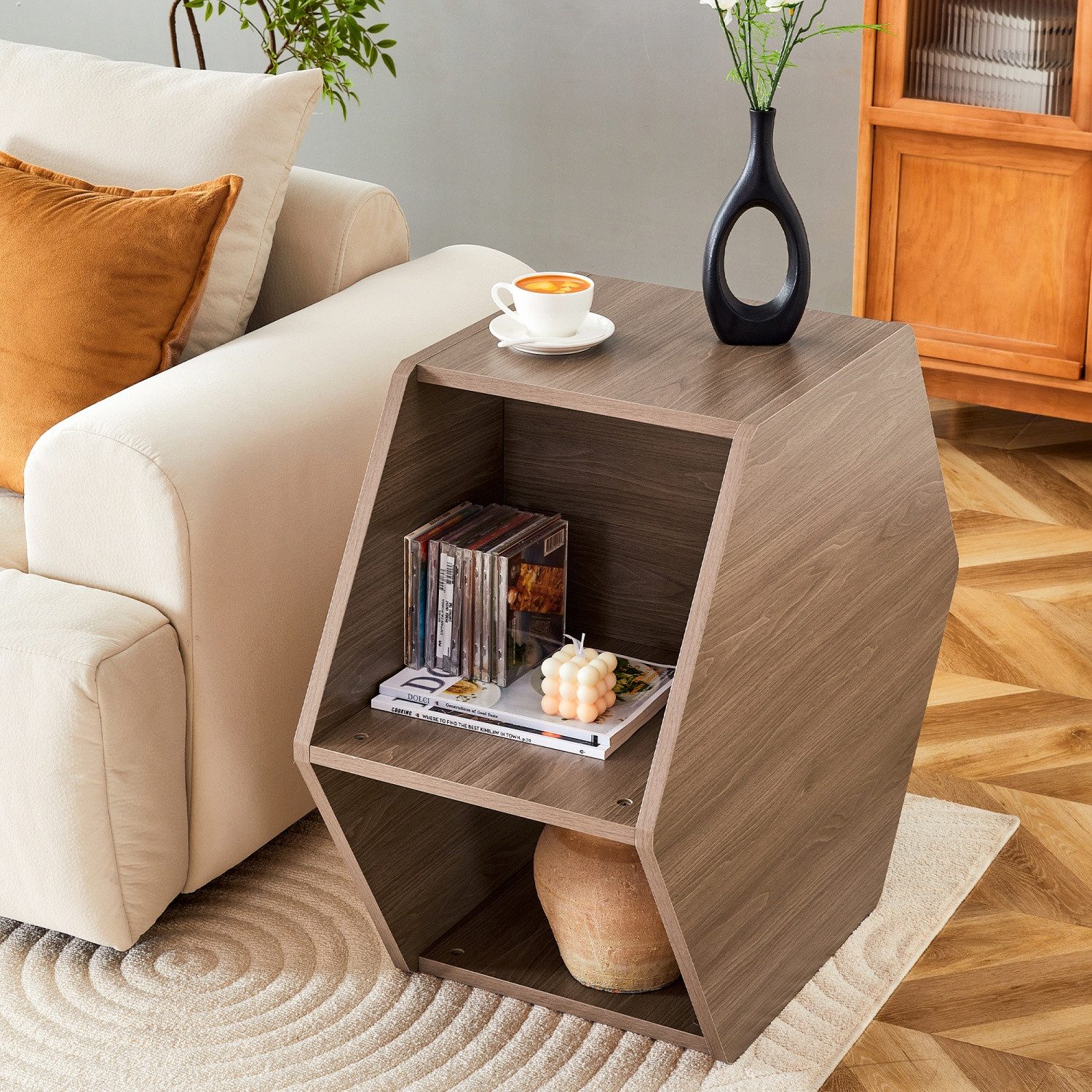 ANYSUN Couchtisch multifunktionaler Couchtisch, Holz Sechseckiger Beistelltisch (Moderner Couchtisch mit Stauraum,Endtisch), für Wohnzimmer und Schlafzimmer,horizontale oder vertikale Platzierung
