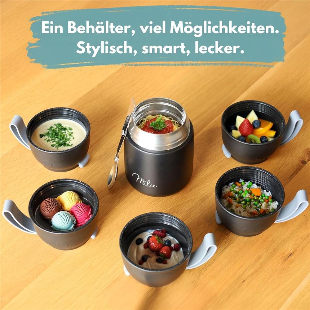 Milu Thermobehälter Edelstahl Thermobehälter Lunchbox 450 ml, Warmhaltebehälter mit Löffel, Thermobecher, auslaufsicher