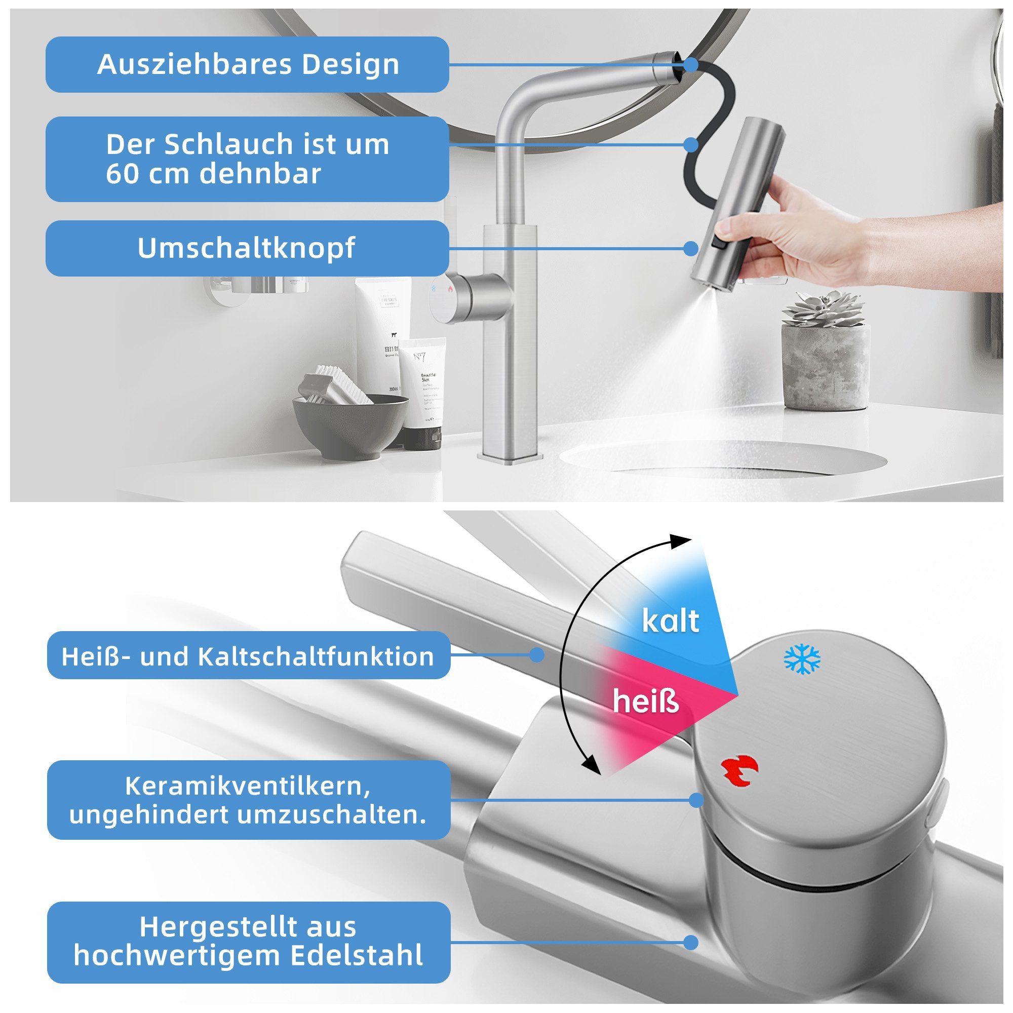 SEHAUSEU Küchenarmatur Wasserhahn Küche Bad Spültischarmatur ausziehbar 3 Strahlarten Hochdruckarmatur – Bild 5 von 5